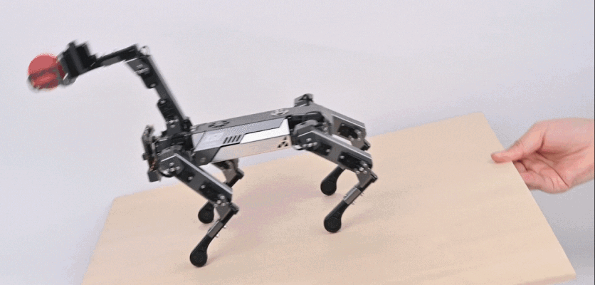 XGO robot quadruped balancing on a tilting platform with robotic arm holding a red ball, showing self-stabilization feature