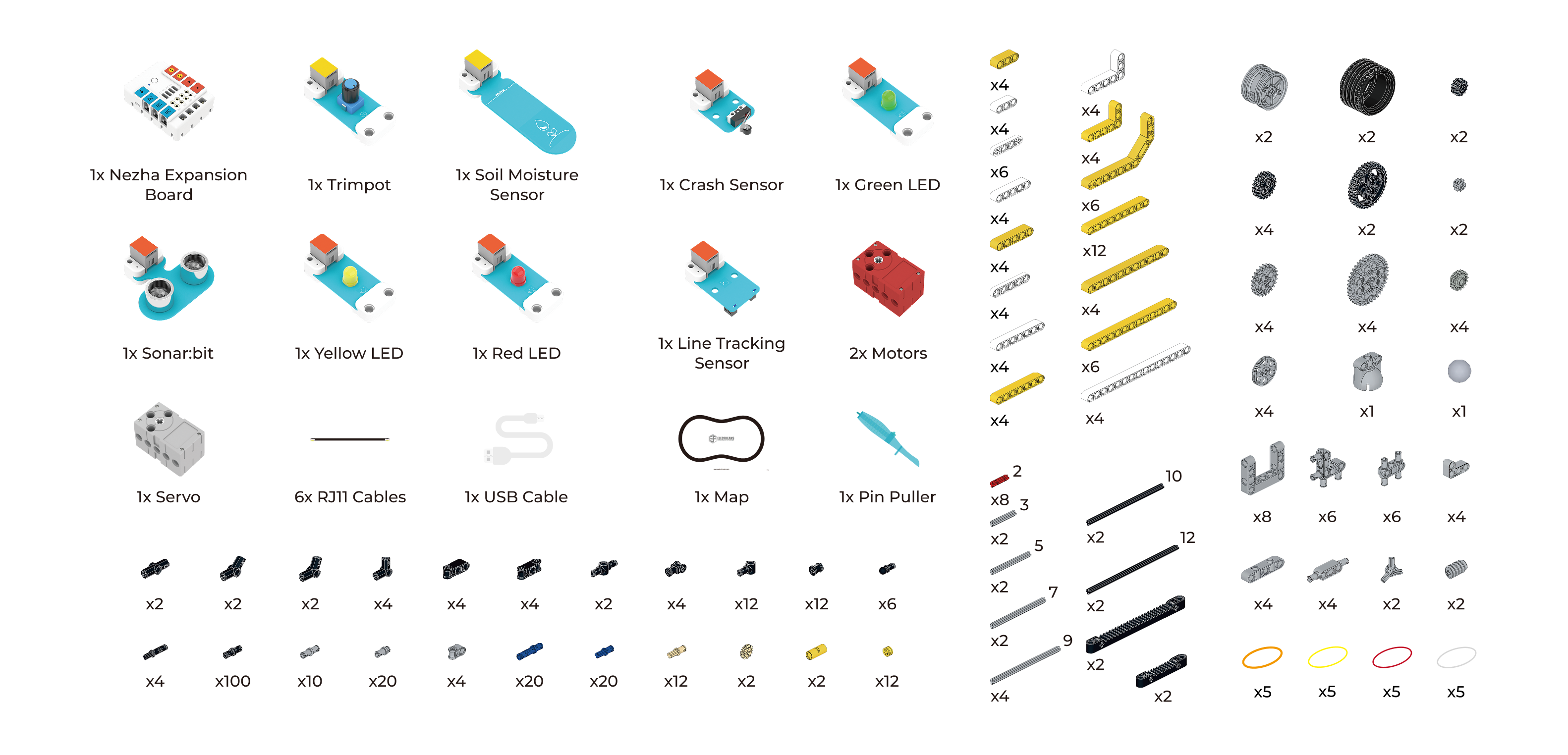 Nezha coding robotic kit complete parts list including expansion board, sensors, motors, servo, cables, wheels, gears and LEGO compatible building blocks