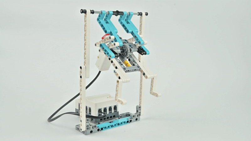 DIY robot kit example project showing a gymnastics bar robot performing pull-up like movements, designed for sports-themed STEM education and robotics challenges