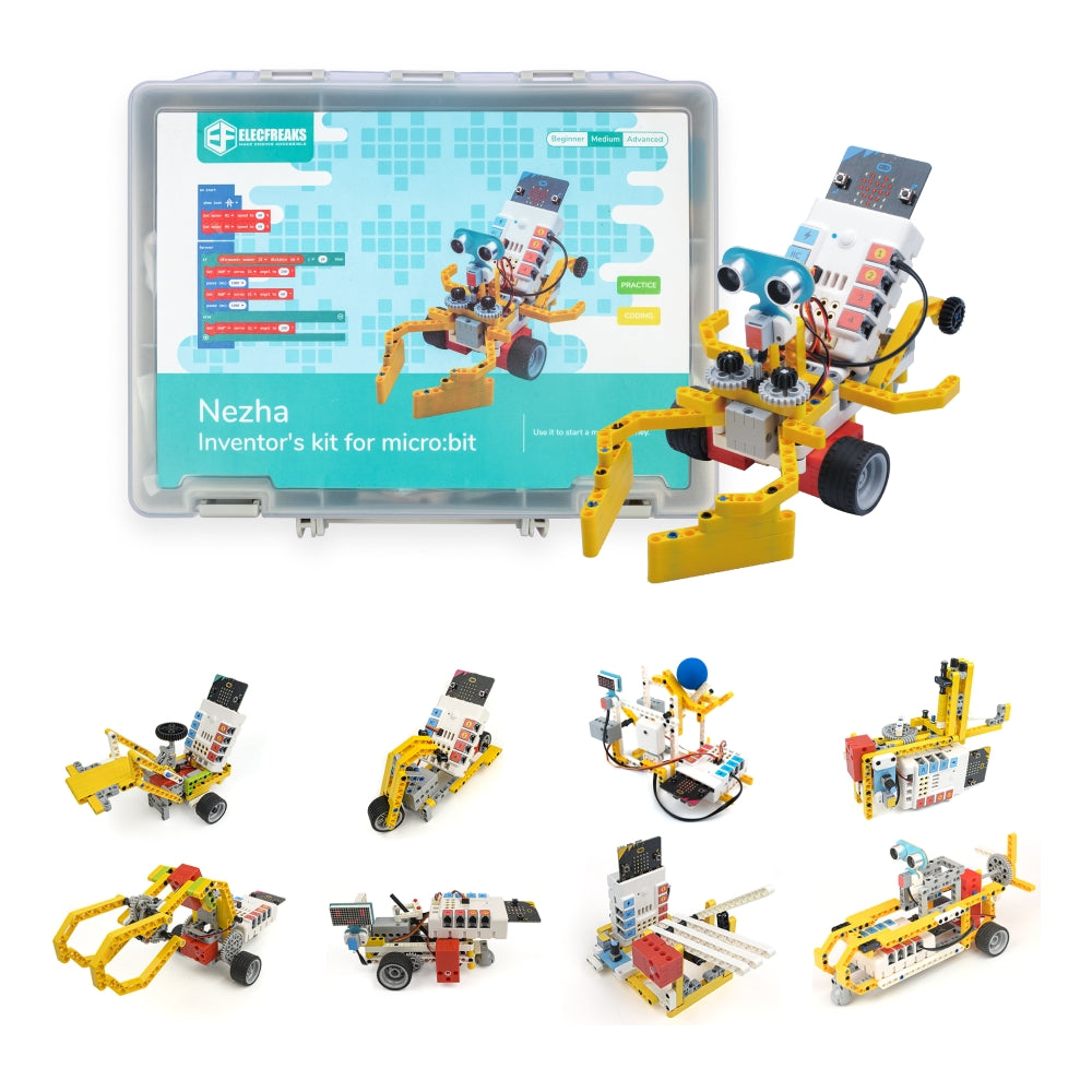 Elecfreaks Nezha Inventor's Kit for micro:bit STEM robotics kit with multiple programmable robot models including car, robotic arm, and engineering projects
