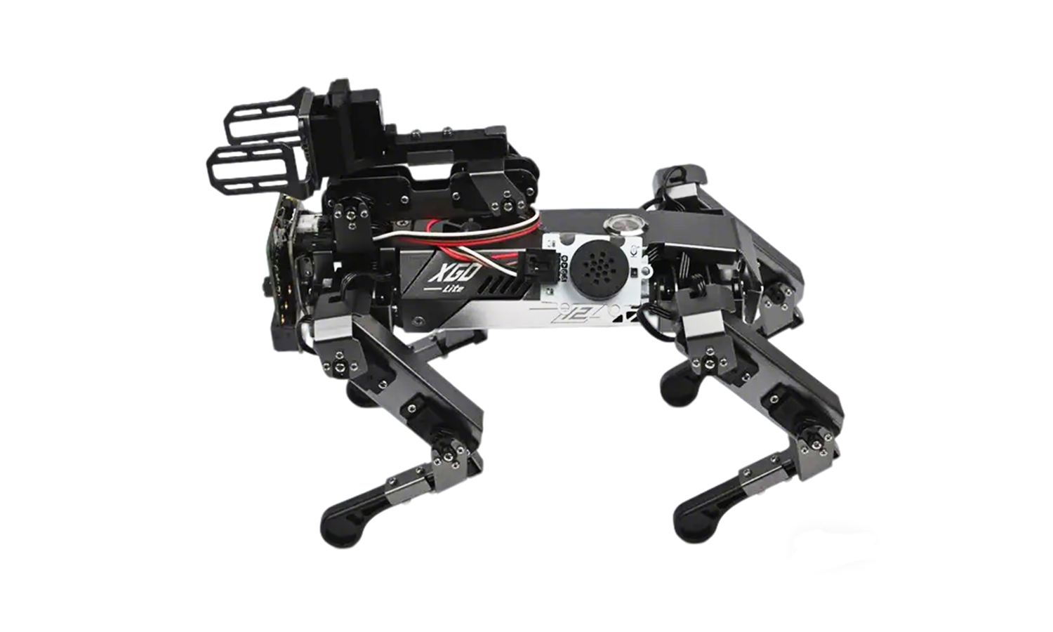 Side view of XGO robot with mechanical arm, quadruped legs, and aluminum body for STEM learning and programming projects
