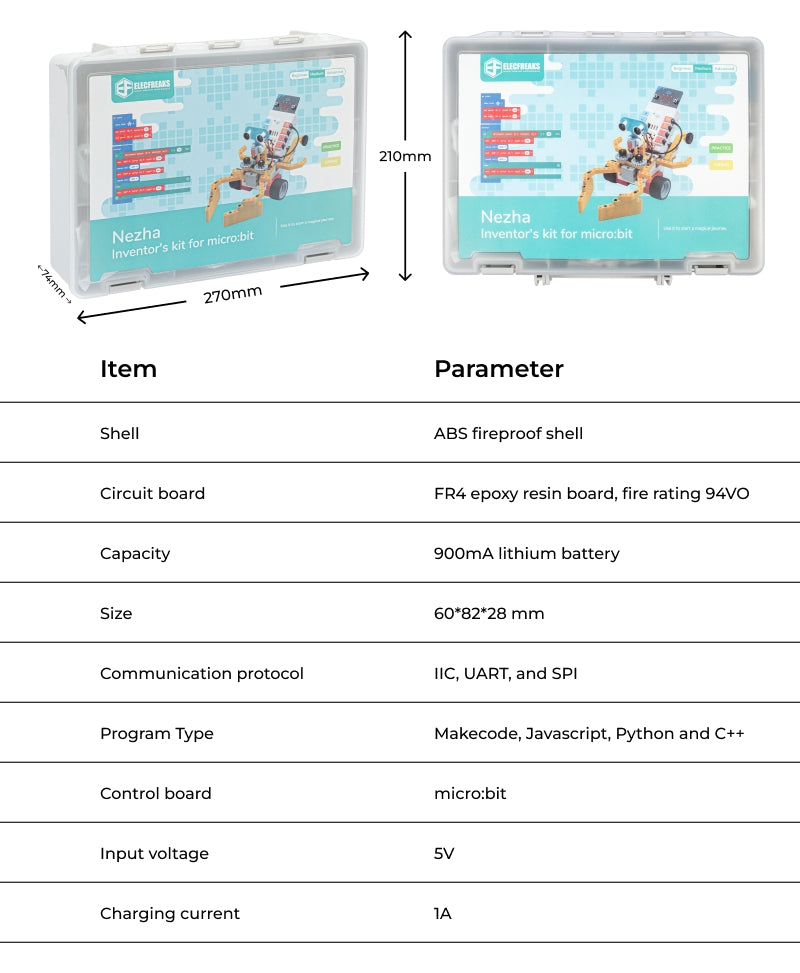Nezha coding robotic kit specifications showing package size, weight, charging time, working voltage and motor interfaces