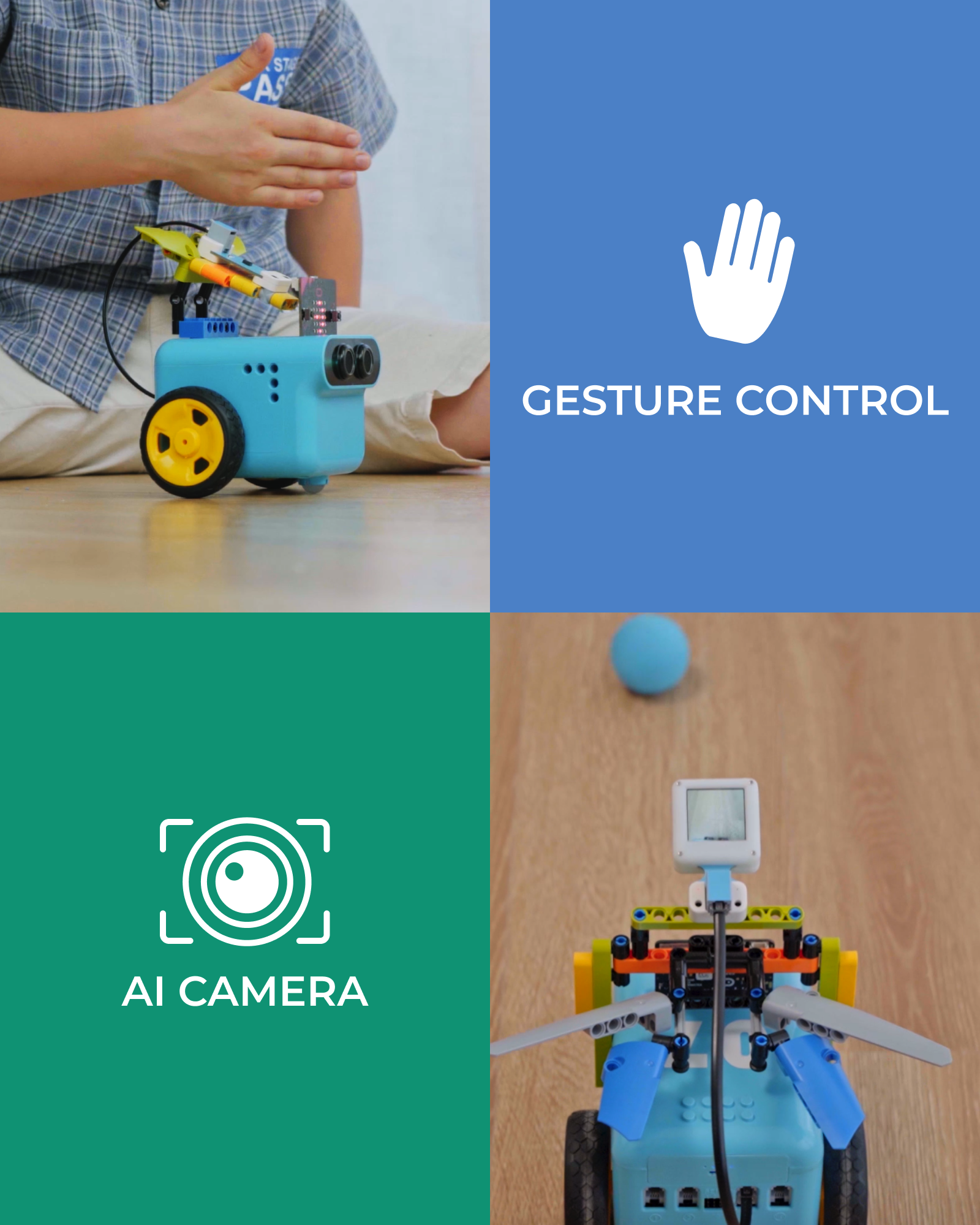 ELECFREAKS microbit ar Kit with accessories pack including AI Camera and Gesture Control. A child is playing with TPBot, demonstrating interactive coding features and creative expansion options