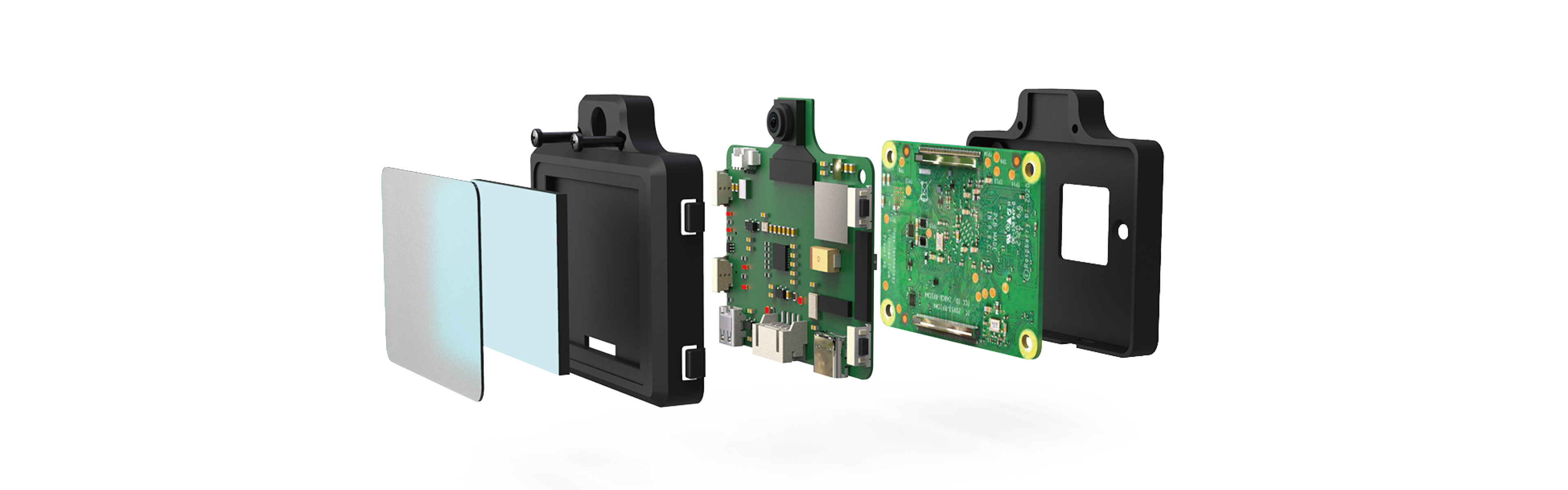 Exploded view of quadruped robot dog components showing camera module, PCB board, protective casing, and assembly parts for robotics learning
