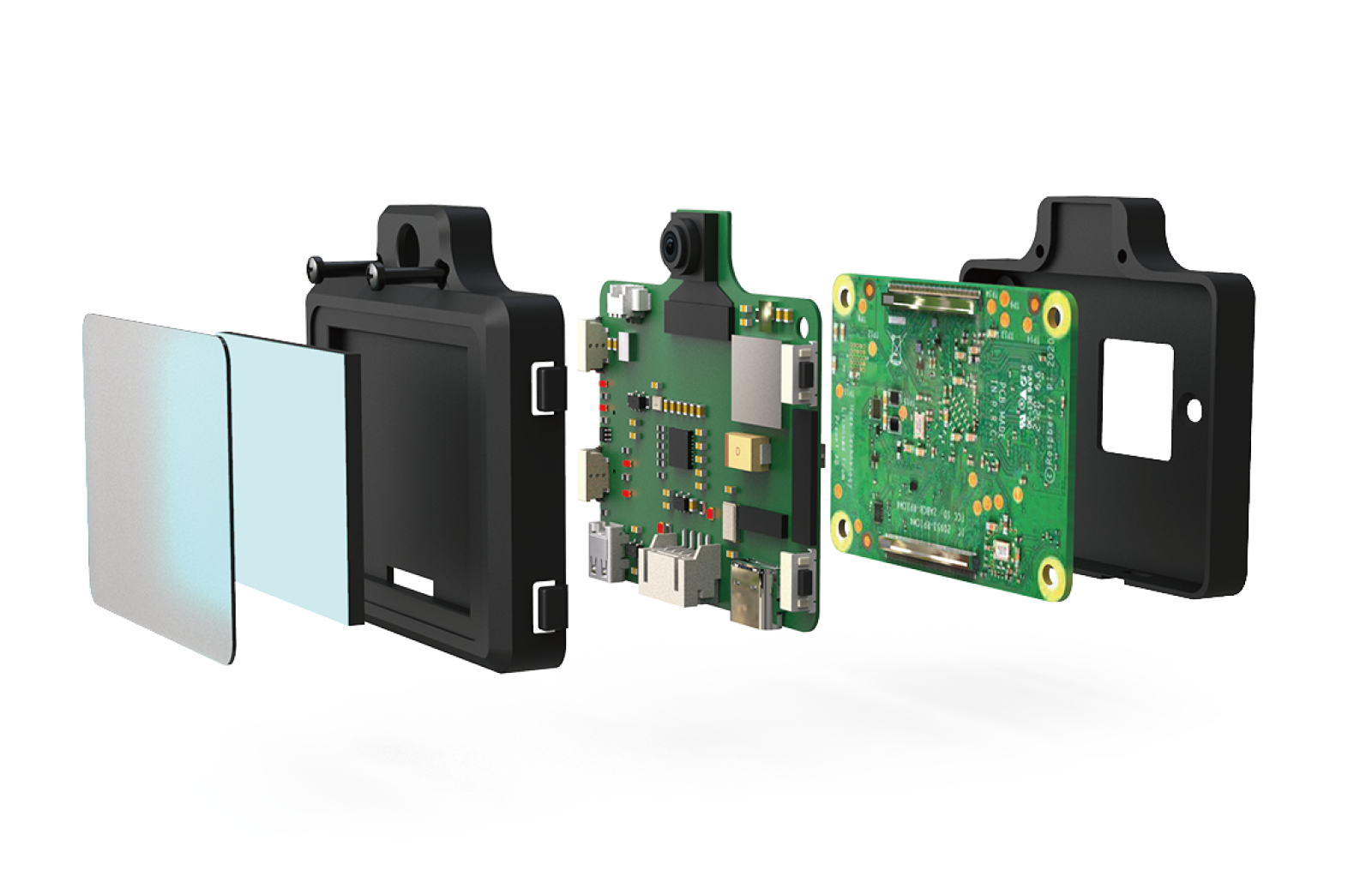Exploded view of quadruped robot dog components showing camera module, PCB board, protective casing, and assembly parts for robotics learning
