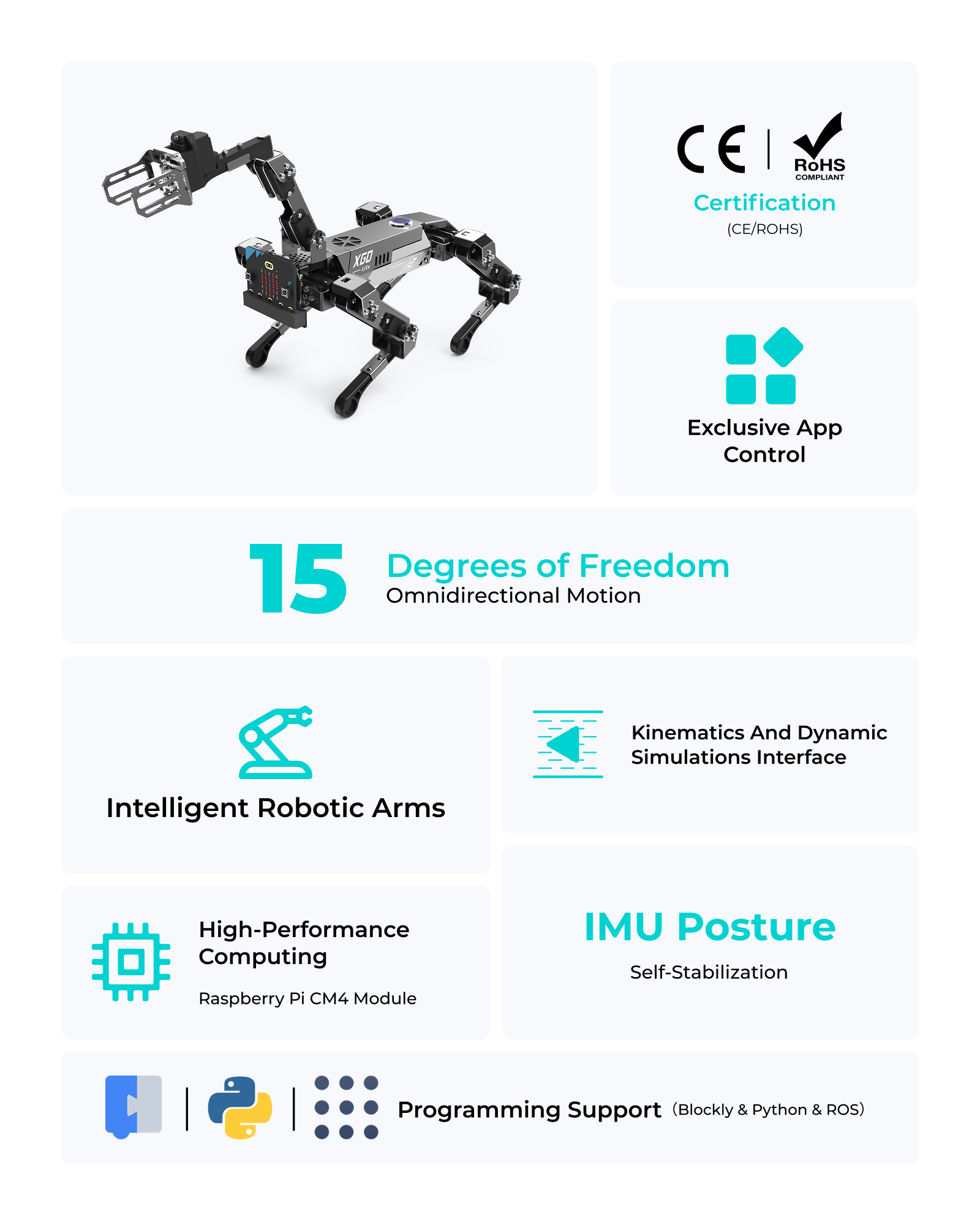 XGO robot with 15 degrees of freedom, intelligent robotic arms, all-metal housing, app control, IMU posture stabilization, and MakeCode Python support