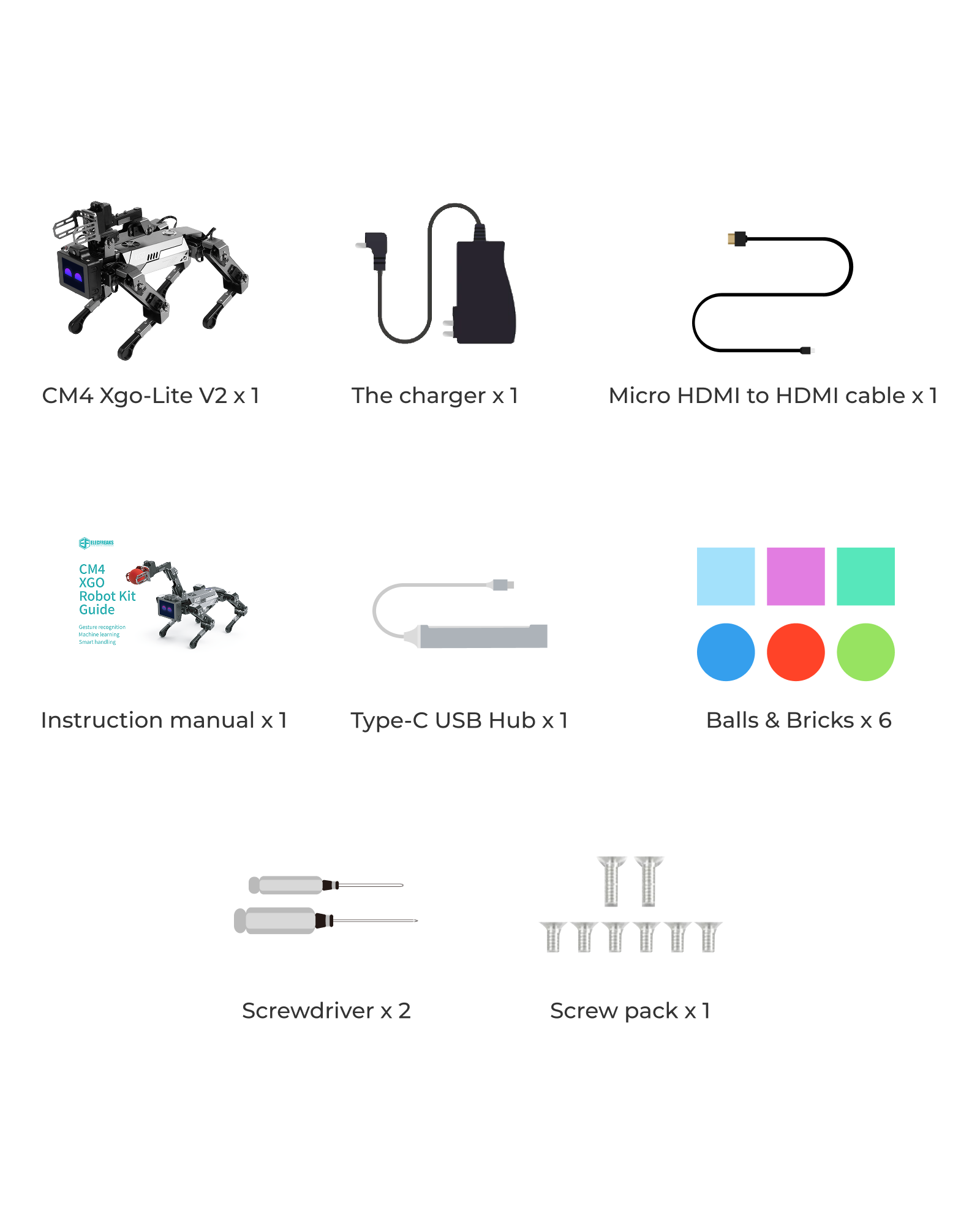 Robot dog kit CM4 Xgo-Lite V2 packing list including robot, charger, HDMI cable, manual, USB hub, balls and bricks, screwdrivers and screw pack