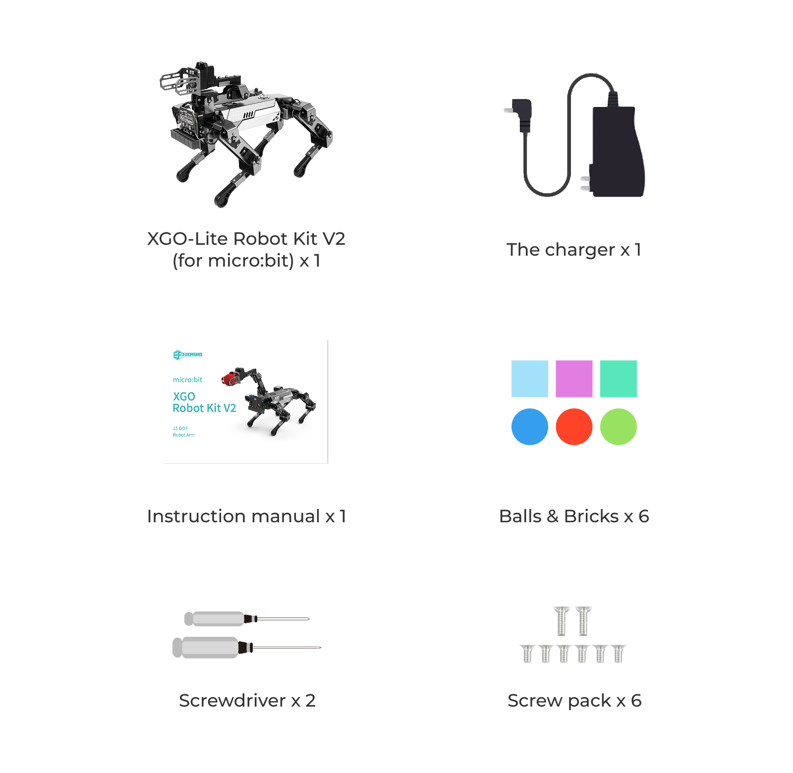Packing list of the XGO robot kit V2 for micro:bit, including the robot, charger, instruction manual, balls and bricks, screwdrivers, and screw pack