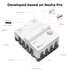 ELECFREAKS micro:bit Nezha Pro Sports Kit detailed view showing various components like motor forward and reverse buttons, IIC interface, motor interface, power switch, microbit connector, and building block interfaces. Ideal for DIY robot kit projects with interactive coding and sports applications