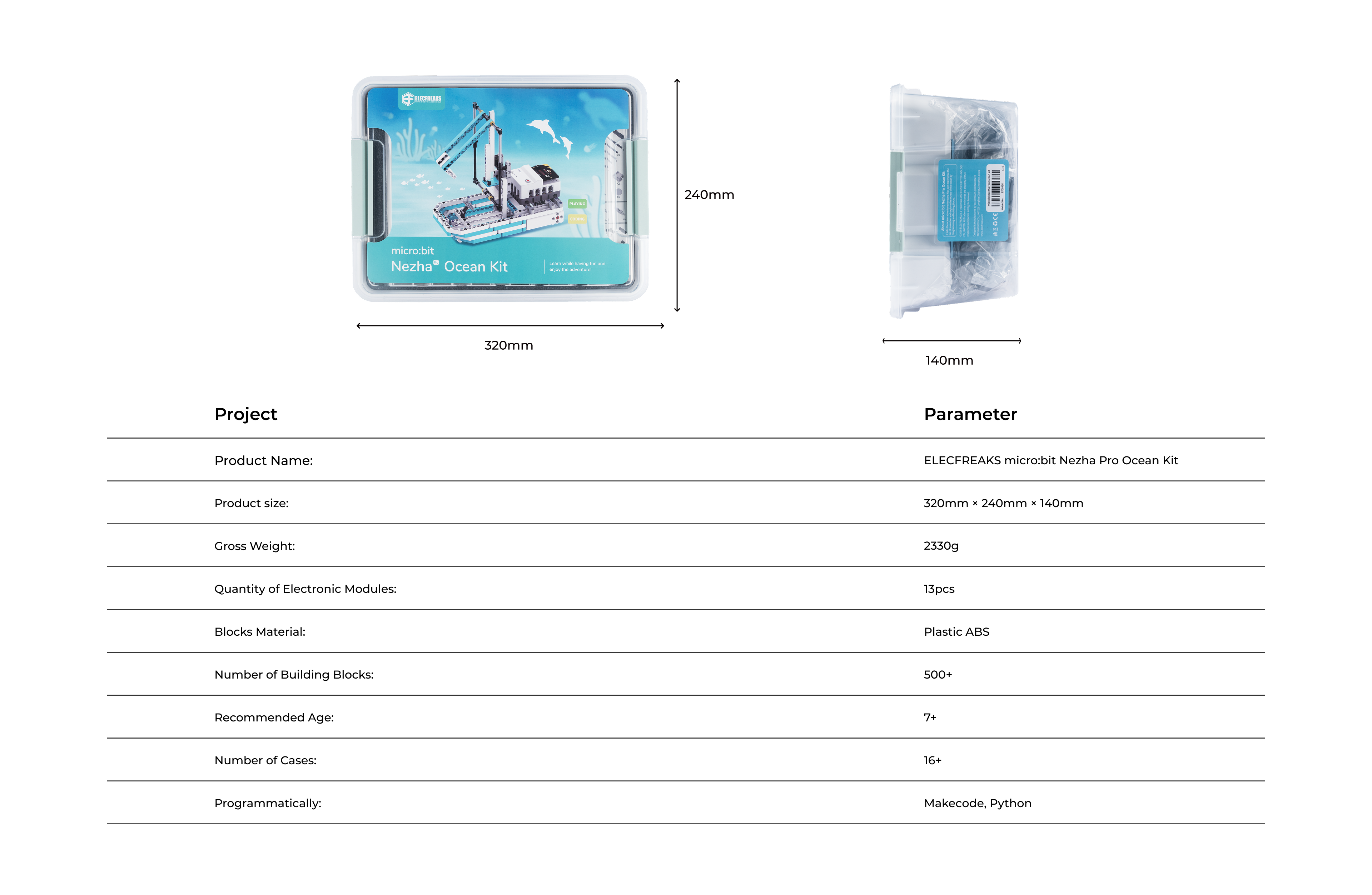 ELECFREAKS micro:bit Nezha Pro Ocean Kit specifications including size 320x240x140mm, weight 2330g, 13 electronic modules, 500+ blocks, 16+ cases, supports Makecode and Python programming