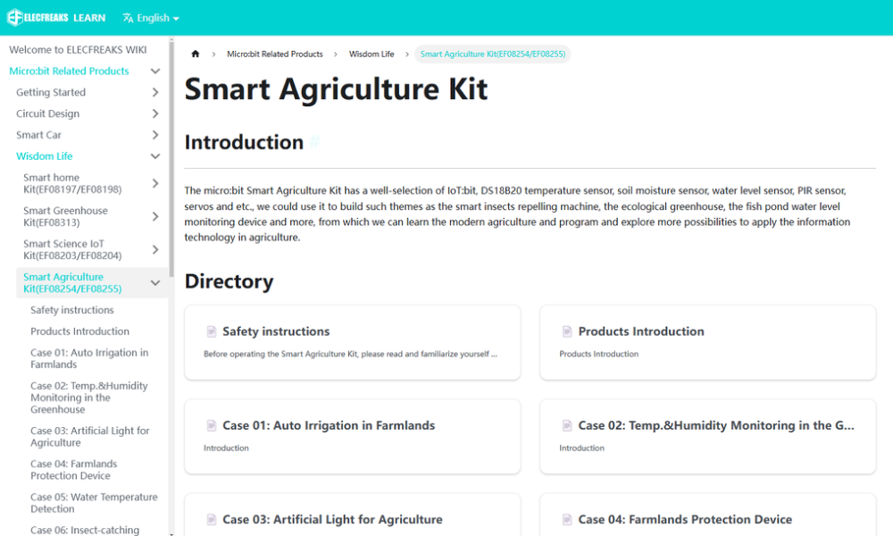 Smart farm kit learning resources on ELECFREAKS Wiki including safety instructions, product introduction, and case studies such as auto irrigation, temperature and humidity monitoring, and farmland protection