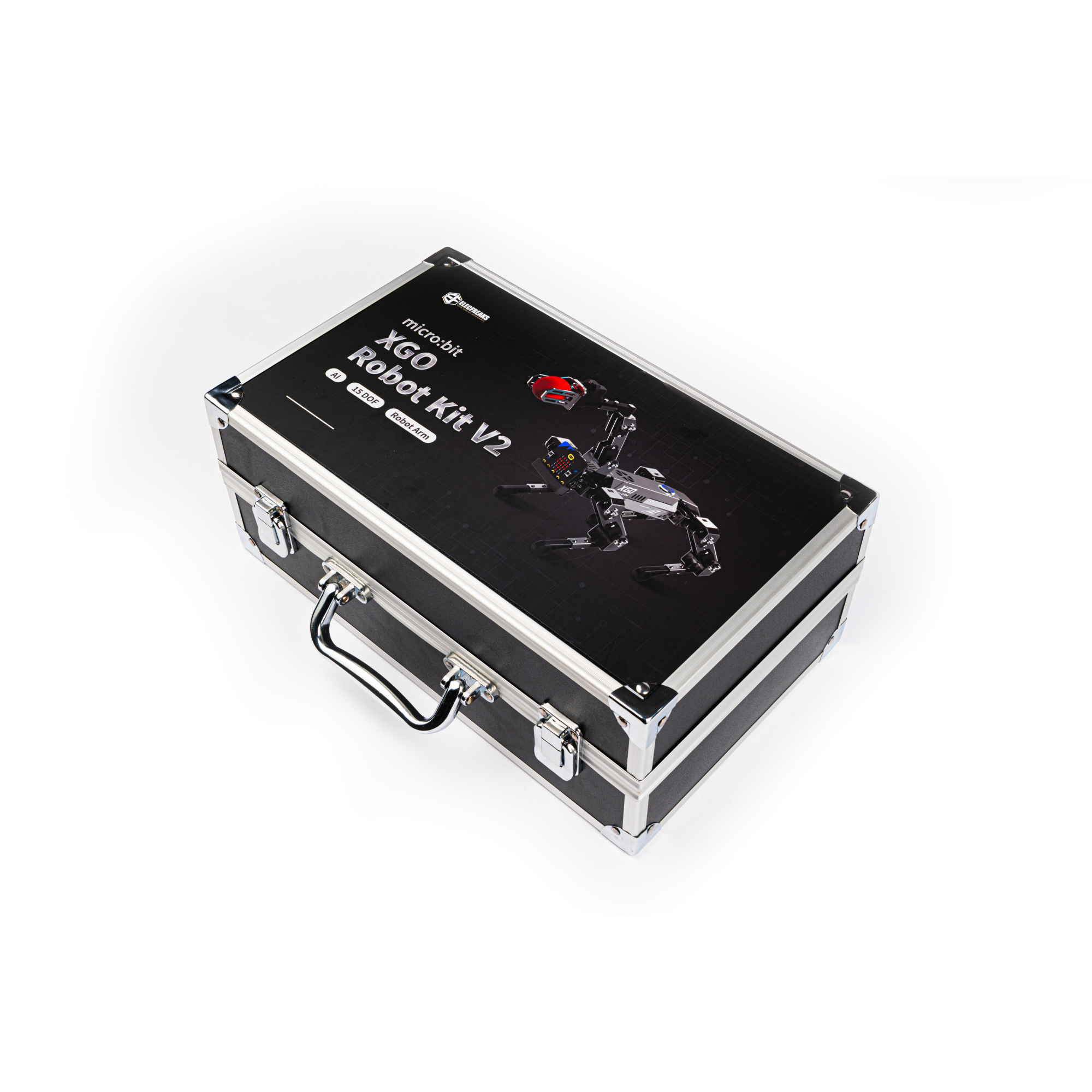 Portable storage case for XGO robot Kit V2, featuring printed image of the four-legged robot with mechanical arm for STEM education and robotics learning