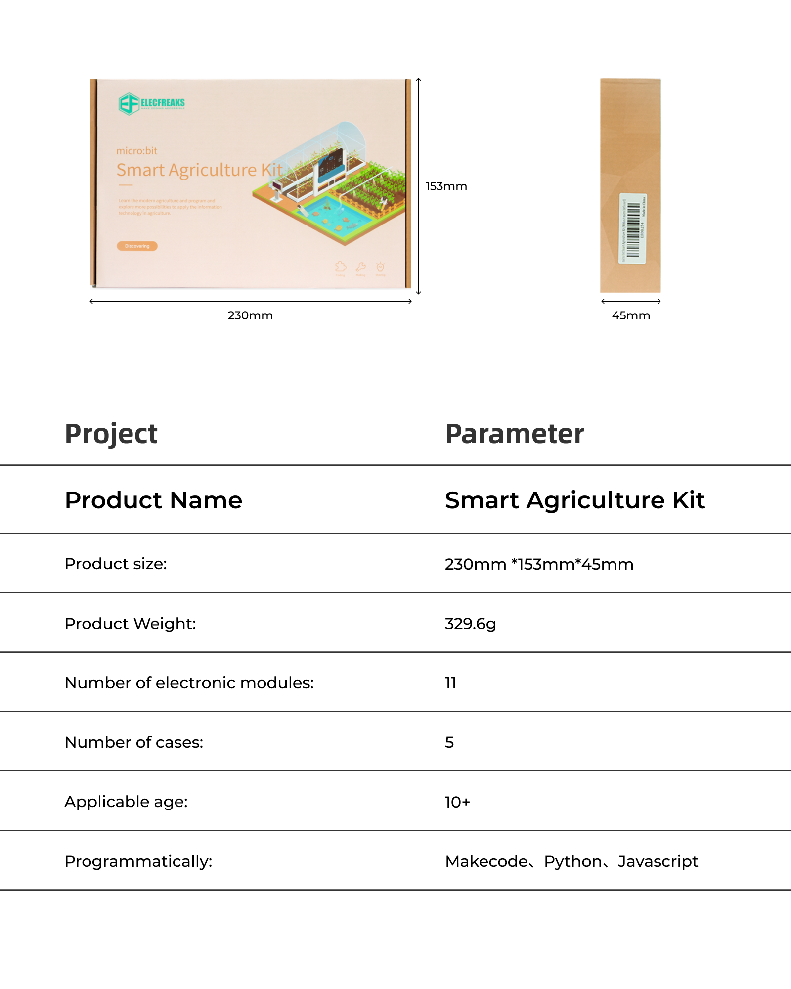 Smart farm kit product packaging and specifications including ELECFREAKS micro:bit Smart Agriculture Kit size 230x153x45mm, weight 310g, 10 electronic modules, 13 project cases, suitable for age 10 plus, supporting MakeCode, Python, and JavaScript programming