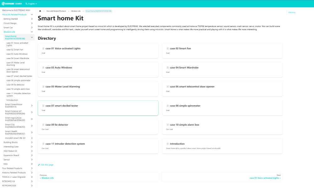 ELECFREAKS Smart Home Kit wiki directory showcasing sections like Getting Started, Circuit Design, Smart Car, and lessons including Smart Window, Smart Light, Smart Fan, Smart Doorbell, Smart Curtain System, with rich learning resources for essential concepts, practice, and real-world application