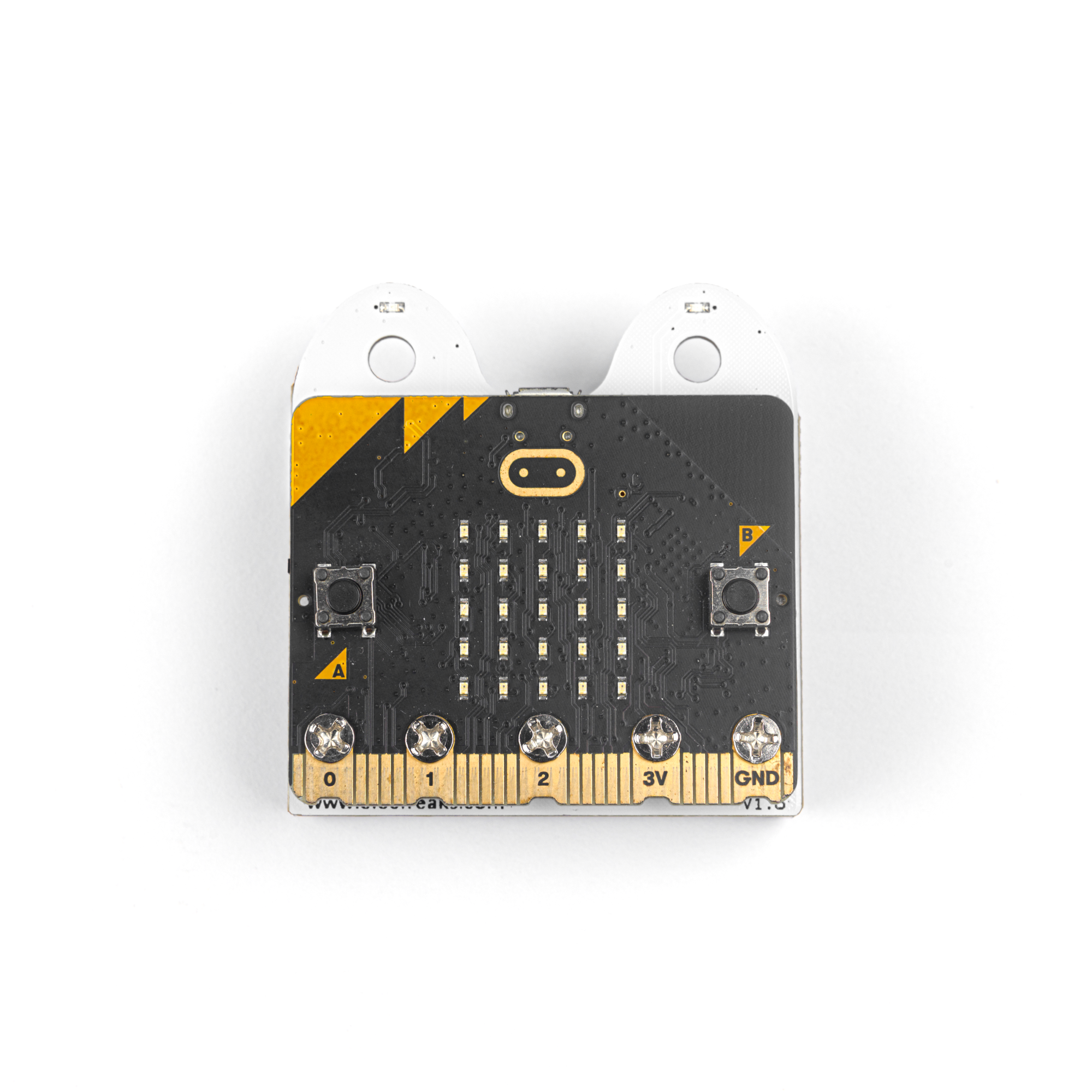 Micro bit expansion board connected with micro:bit main board, showing front view with buttons, LED matrix, and gold pin connectors