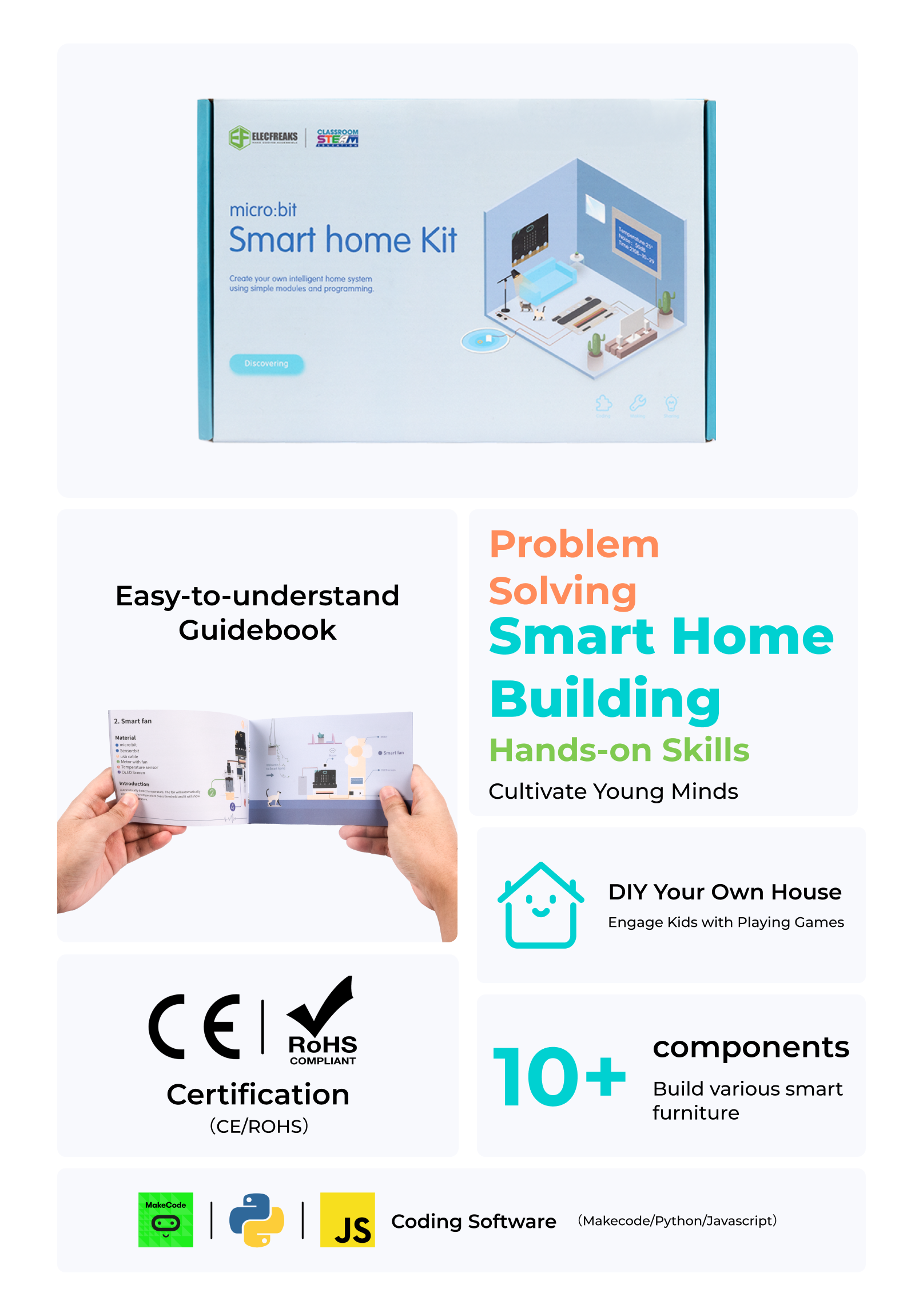 ELECFREAKS micro:bit Smart Home Kit promotional overview showcasing CE and RoHS certifications, DIY house building with 10+ components for smart furniture, easy guidebook, problem-solving hands-on skills, and coding support for MakeCode, Python, and JavaScript to engage kids in STEM play