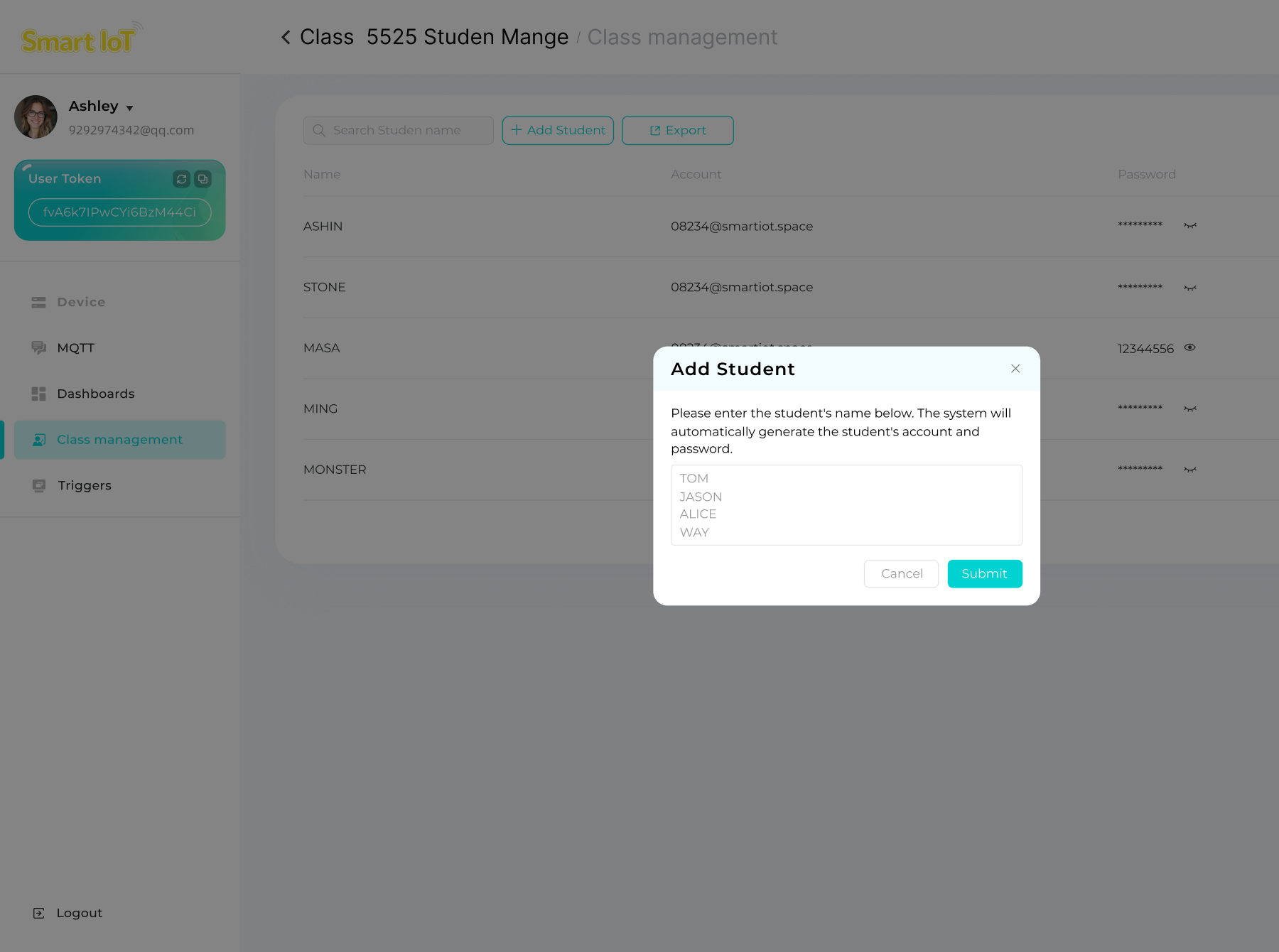 Smart IoT free educational platform dashboard integrated with ELECFREAKS micro:bit Smart Science Internet of Things Kit, featuring real-time sensor data line charts, device monitoring, class student management, and interactive analytics tools for classrooms