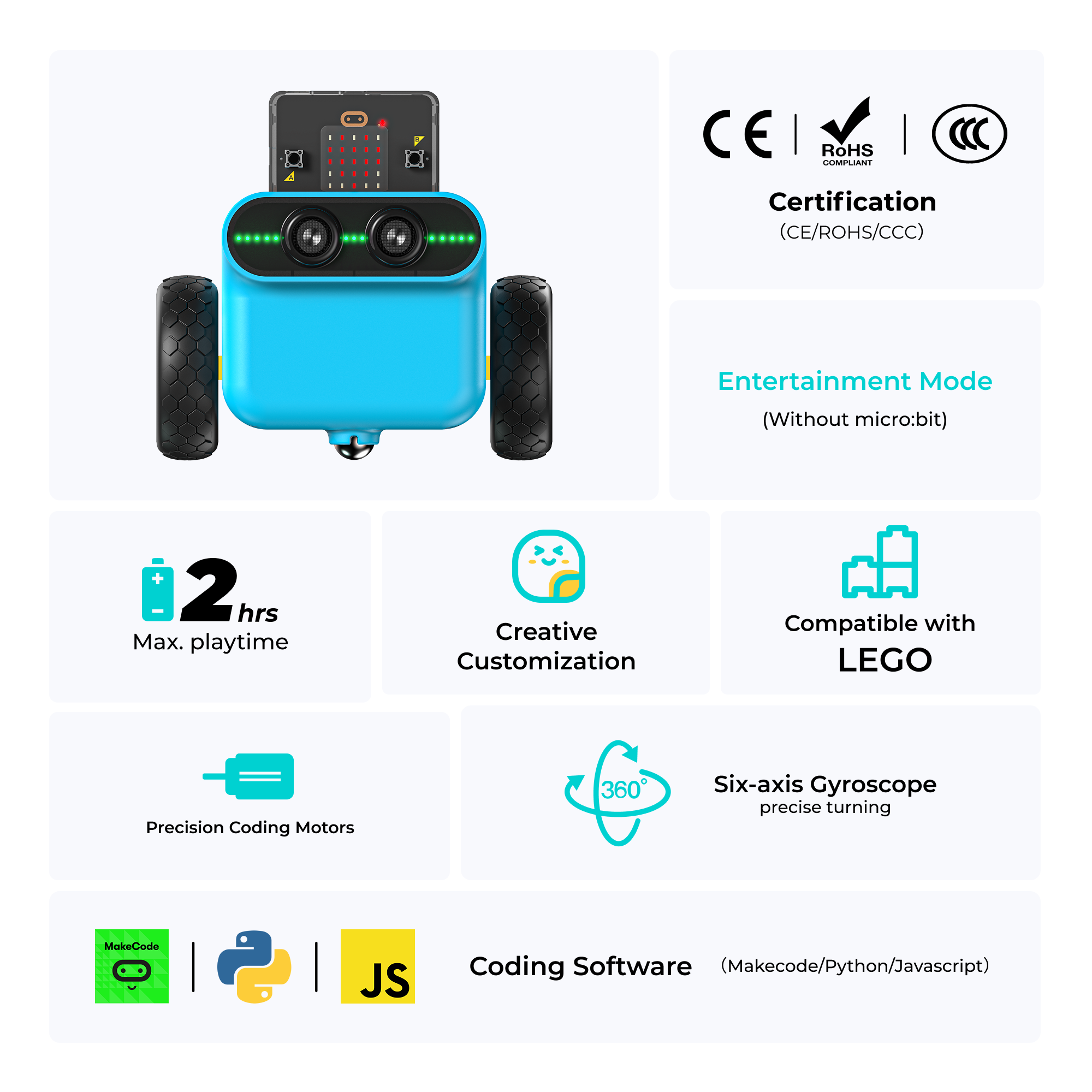 ELECFREAKS microbit car with CE ROHS CCC certification, entertainment mode without microbit, up to 2 hours max playtime, precision coding motors, six-axis gyroscope for precise turning, LEGO compatibility, creative customization, and coding support for MakeCode, Python, and JavaScript