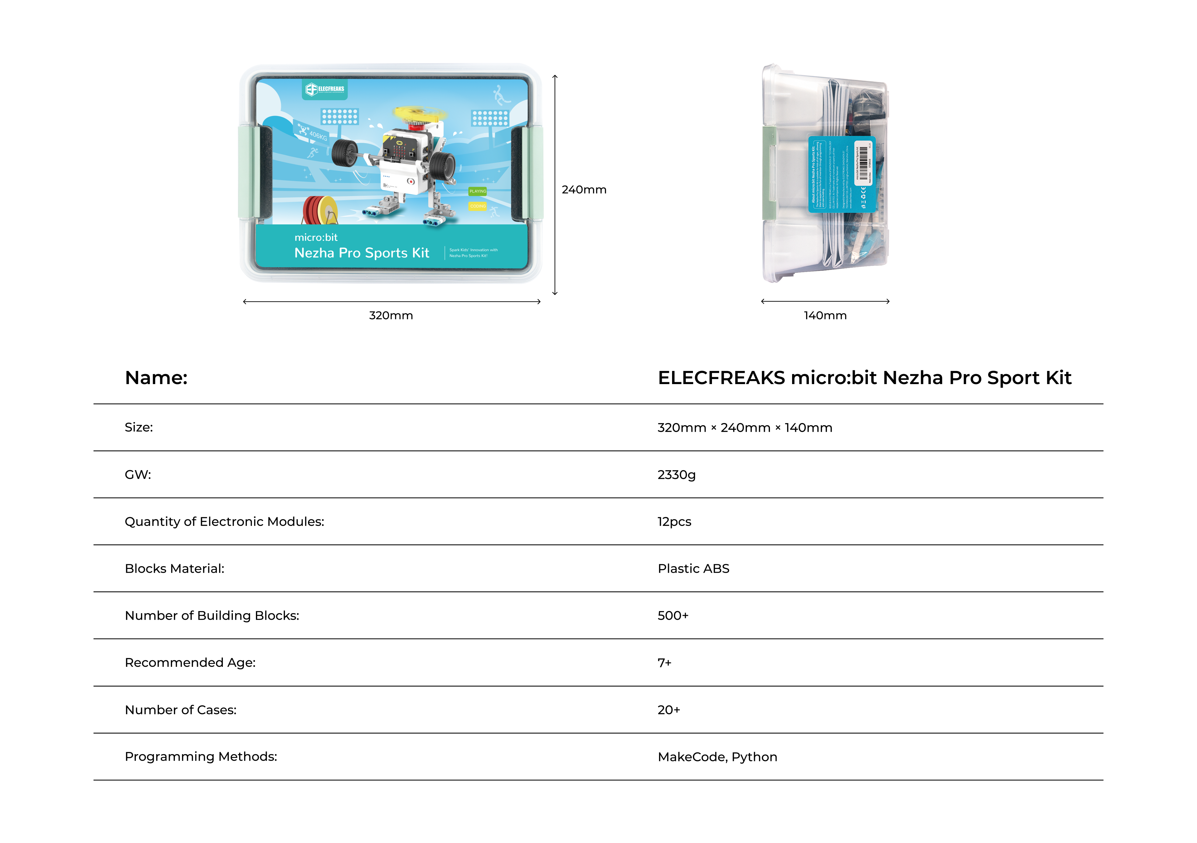 DIY robot kiit specifications including size, weight, number of building blocks, electronic modules, and recommended age for STEM education and robotics projects