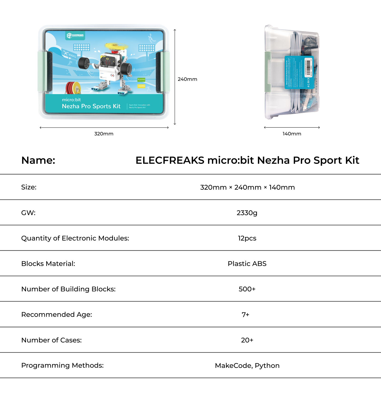 DIY robot kiit specifications including size, weight, number of building blocks, electronic modules, and recommended age for STEM education and robotics projects
