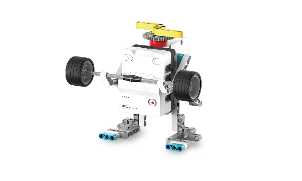 DIY robot kit model designed as a weightlifter holding a barbell, used for STEM education, coding practice, and creative robotics challenges