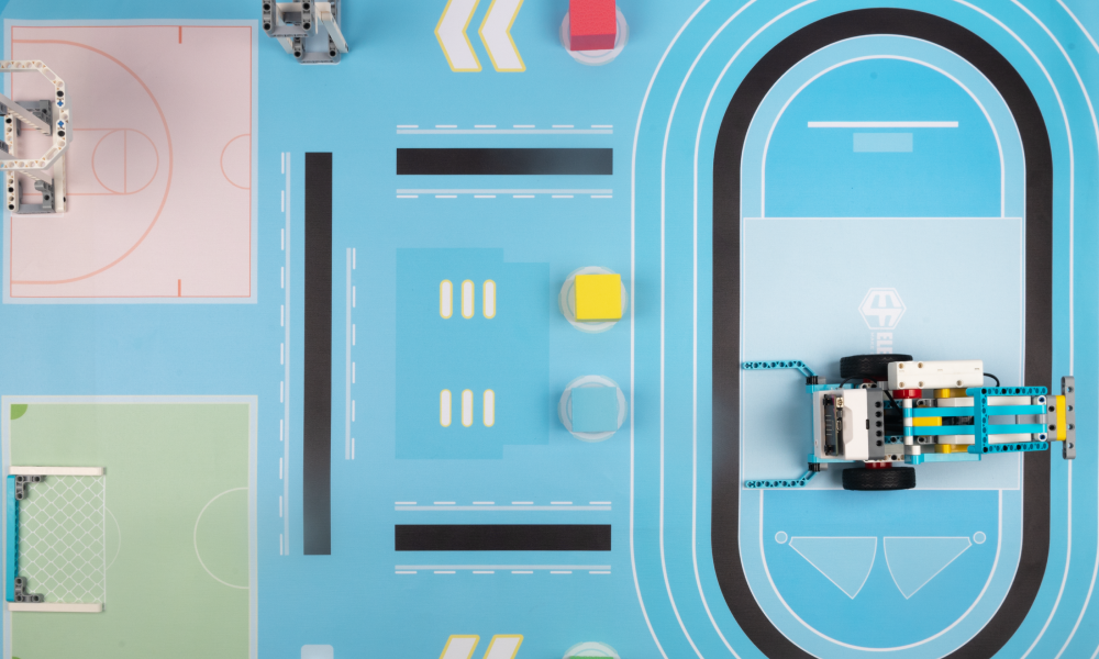 DIY robot kit upgraded sports competition mat with track, basketball court, soccer field, and task zones for robotics challenges and STEM learning
