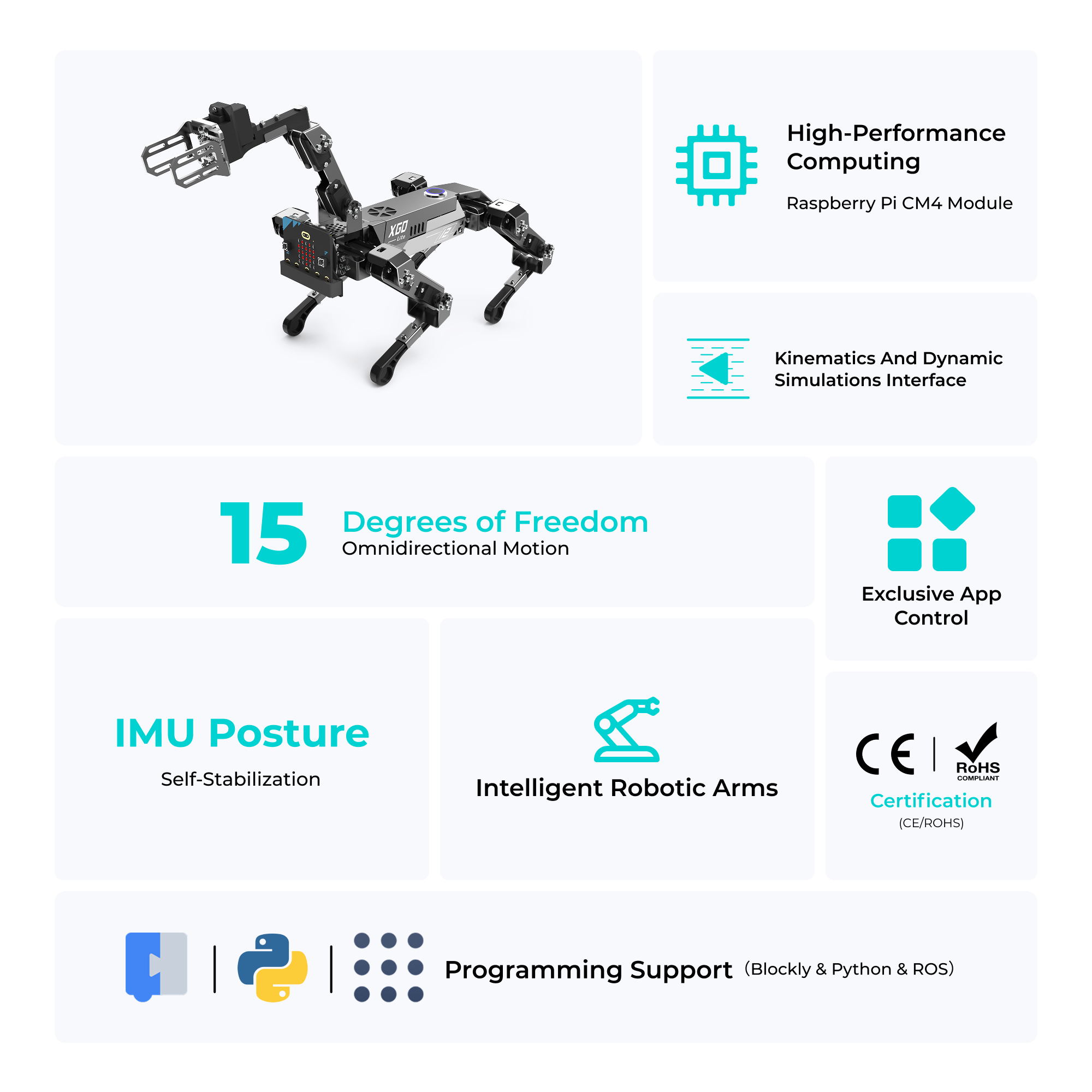 XGO robot with 15 degrees of freedom, intelligent robotic arms, all-metal housing, app control, IMU posture stabilization, and MakeCode Python support