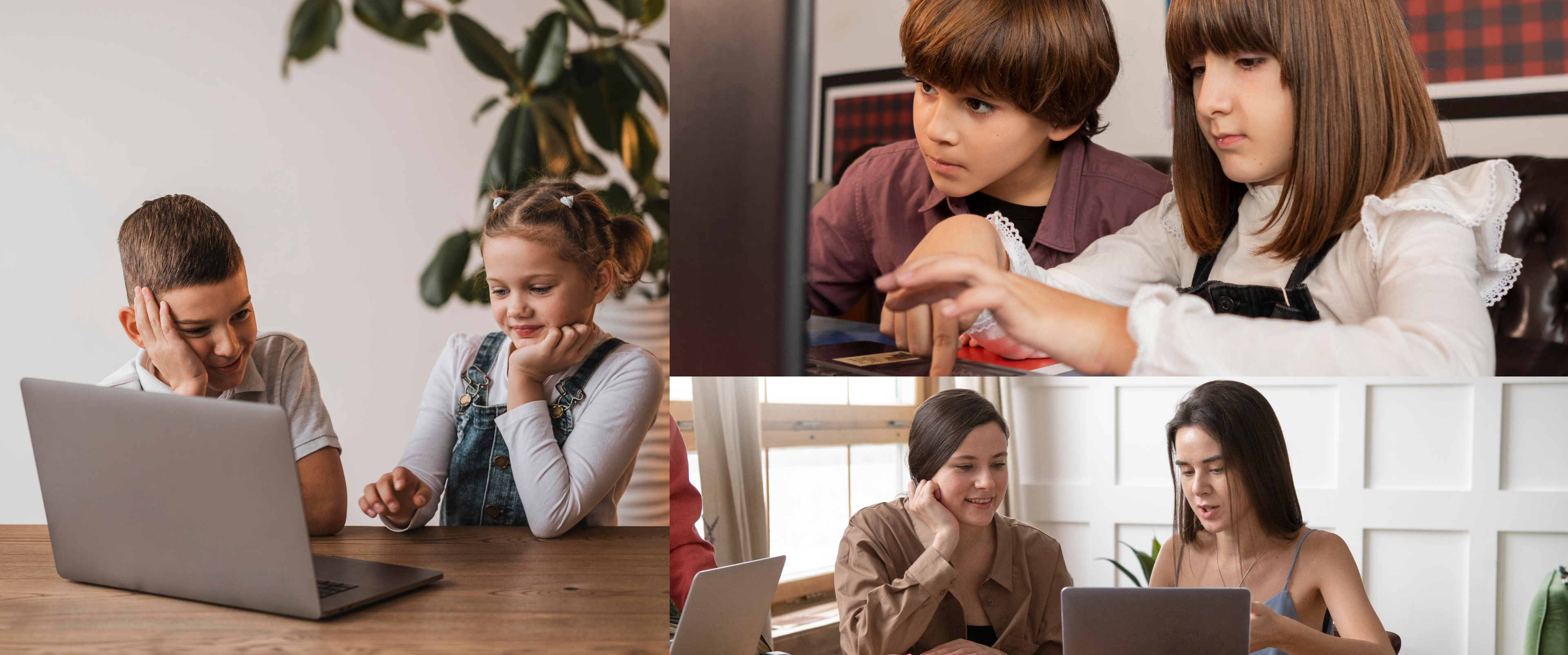 Children and adults using laptops for collaborative online learning, exploring coding and STEM activities with a diy robot kit in an educational setting