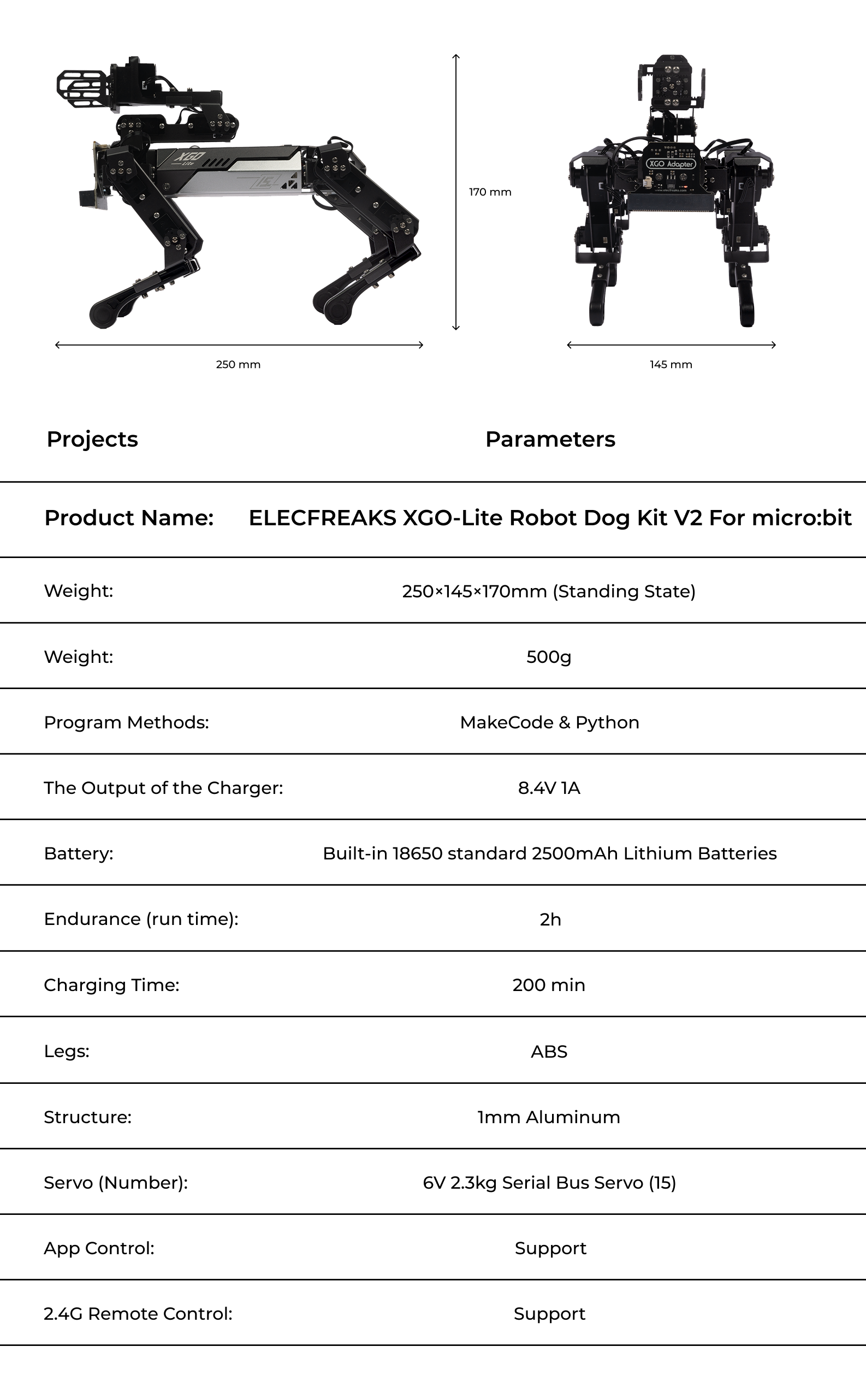ELECFREAKS XGO robot Lite V2 for micro:bit with size dimensions 250mm x 145mm x 170mm, shown alongside technical specifications including weight, battery, program methods, charging time, and app control support