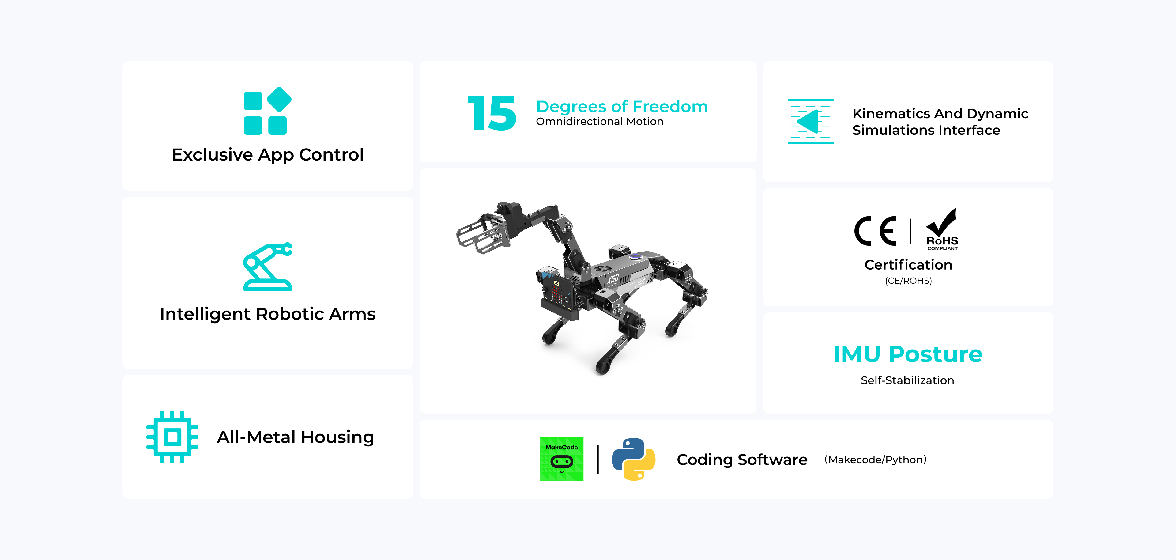 XGO robot with 15 degrees of freedom, intelligent robotic arms, all-metal housing, app control, IMU posture stabilization, and MakeCode Python support