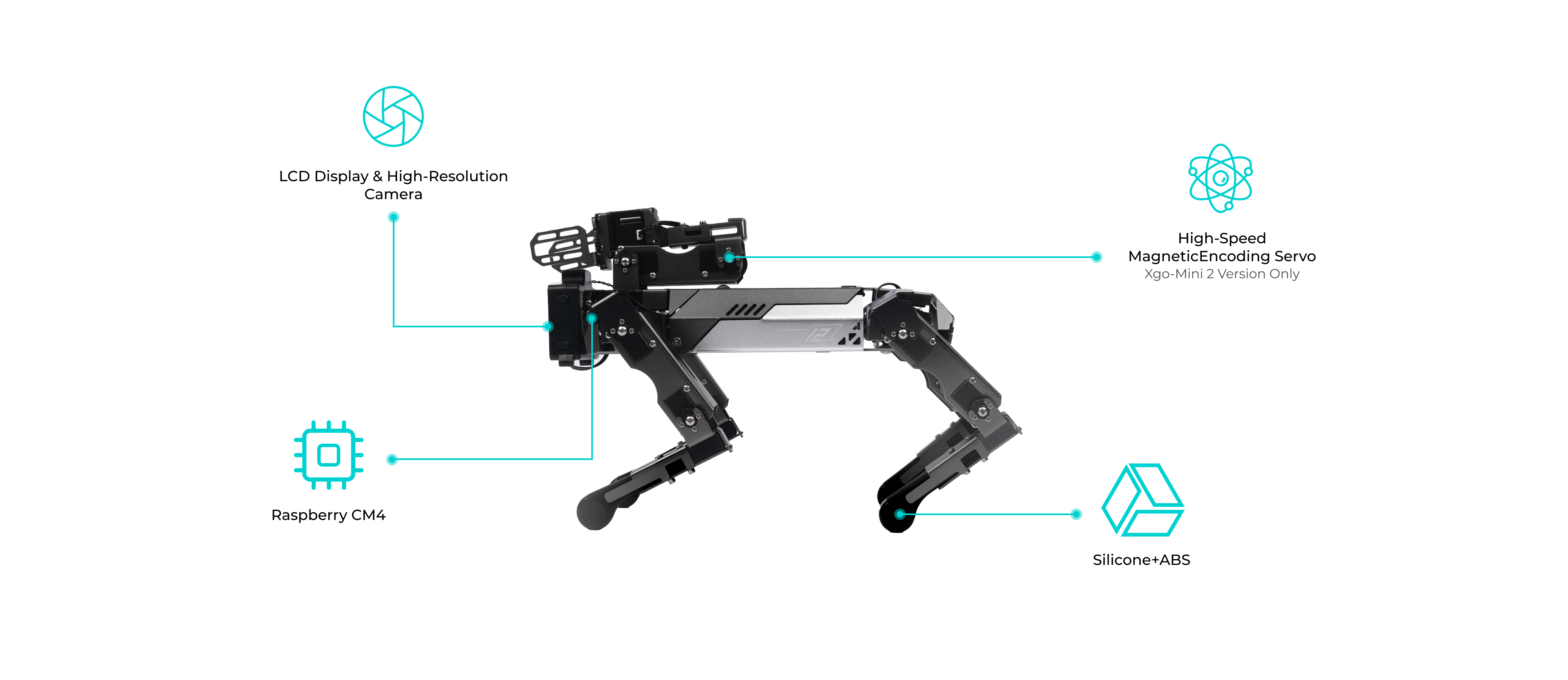 Side view of quadruped robot dog highlighting LCD display with high-resolution camera, Raspberry CM4 processor, silicone and ABS body, and high-speed magnetic encoding servo for robotics and STEM education