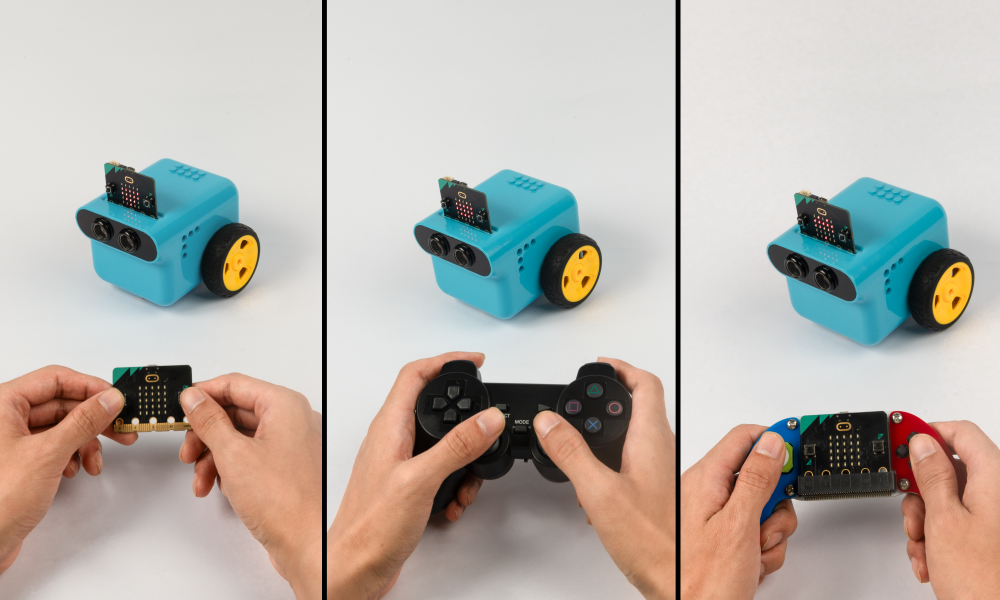 ELECFREAKS microbit car TPBot Edu shown with three different control methods: a micro:bit board, a game controller, and a joystick expansion. Demonstrates multiple remote control modes for coding and robotics learning