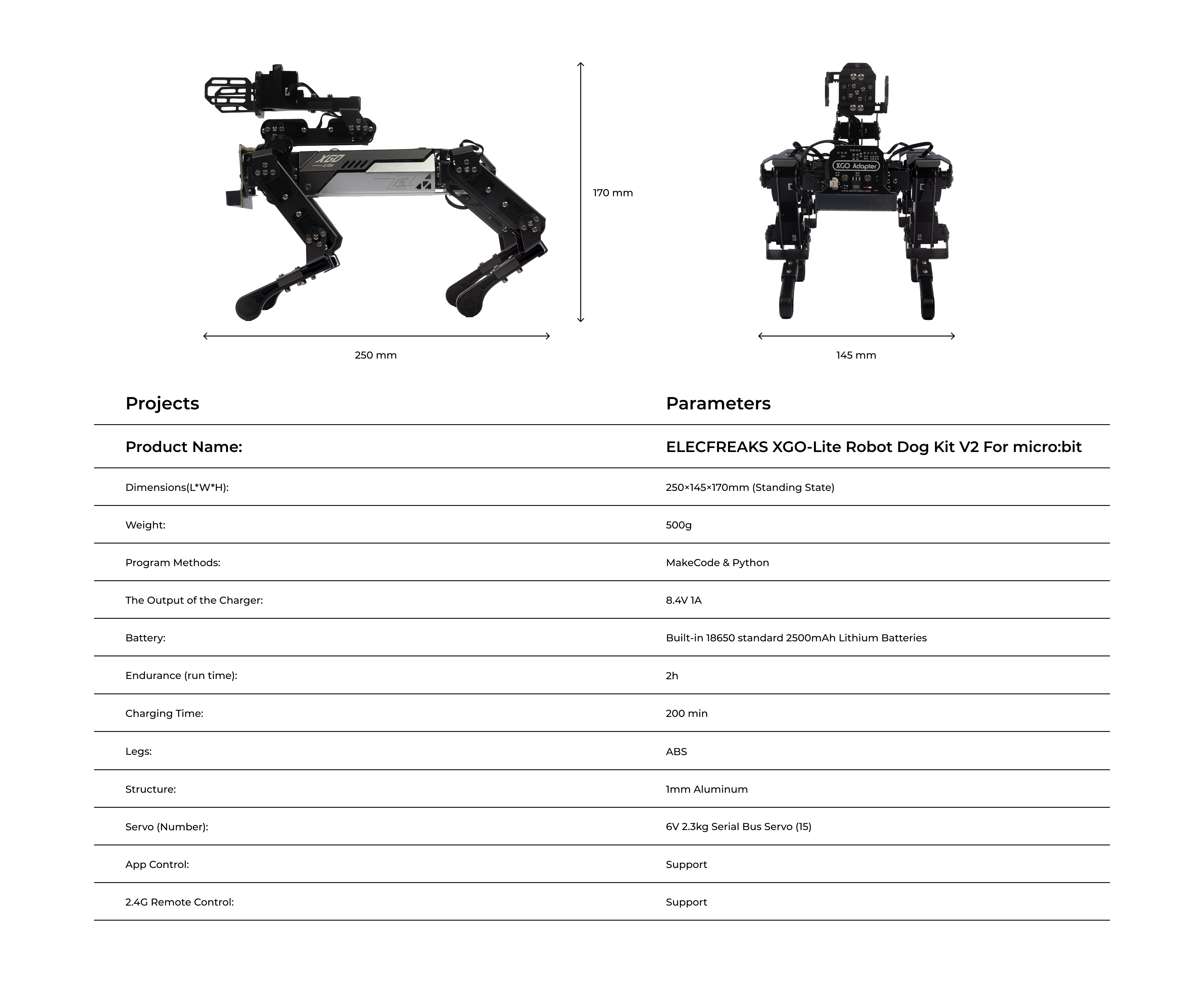 ELECFREAKS XGO robot Lite V2 for micro:bit with size dimensions 250mm x 145mm x 170mm, shown alongside technical specifications including weight, battery, program methods, charging time, and app control support