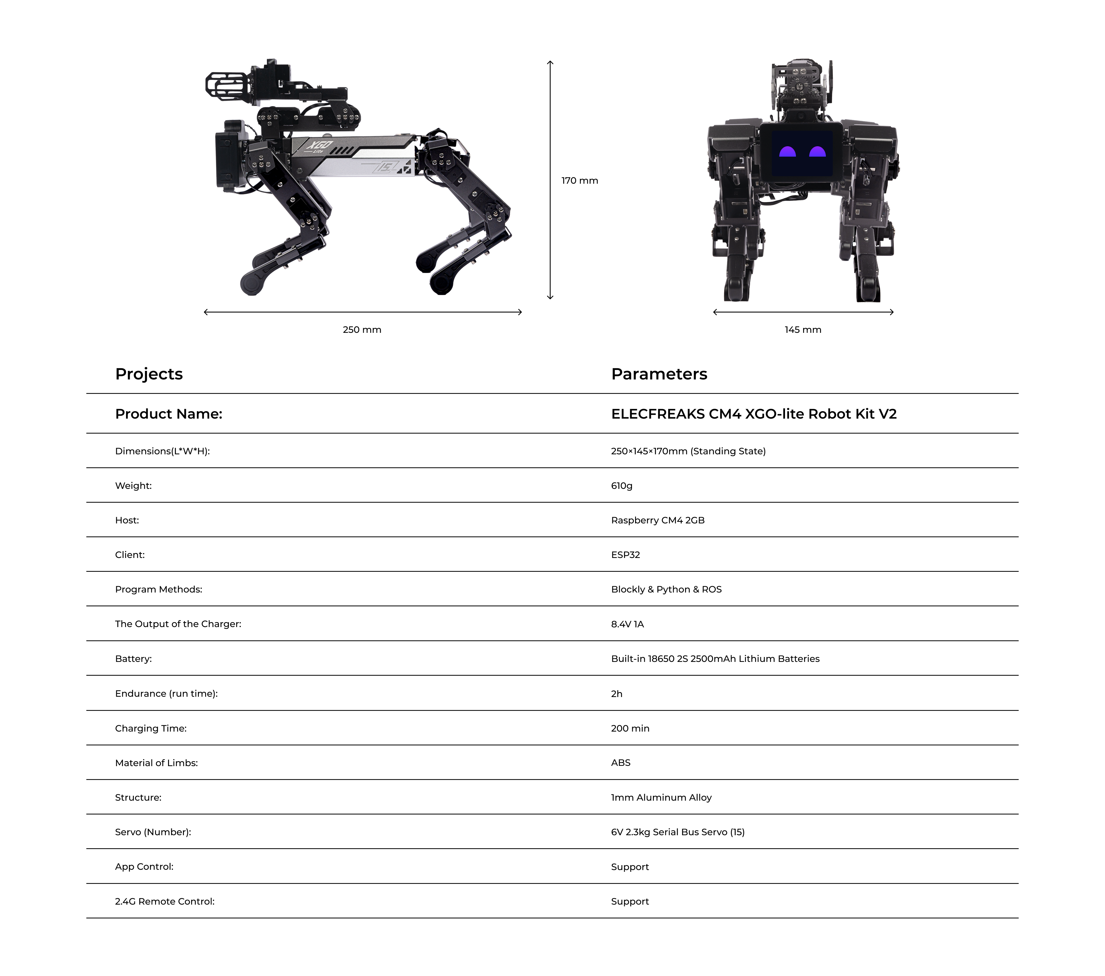 Robot dog kit CM4 Xgo-Lite V2 specifications showing dimensions 250×145×170mm, weight 610g, Raspberry CM4 and ESP32, supports Blockly, Python, ROS programming, built-in lithium battery with 2h endurance, ABS and aluminum structure, 15 servos, app and 2.4G remote control