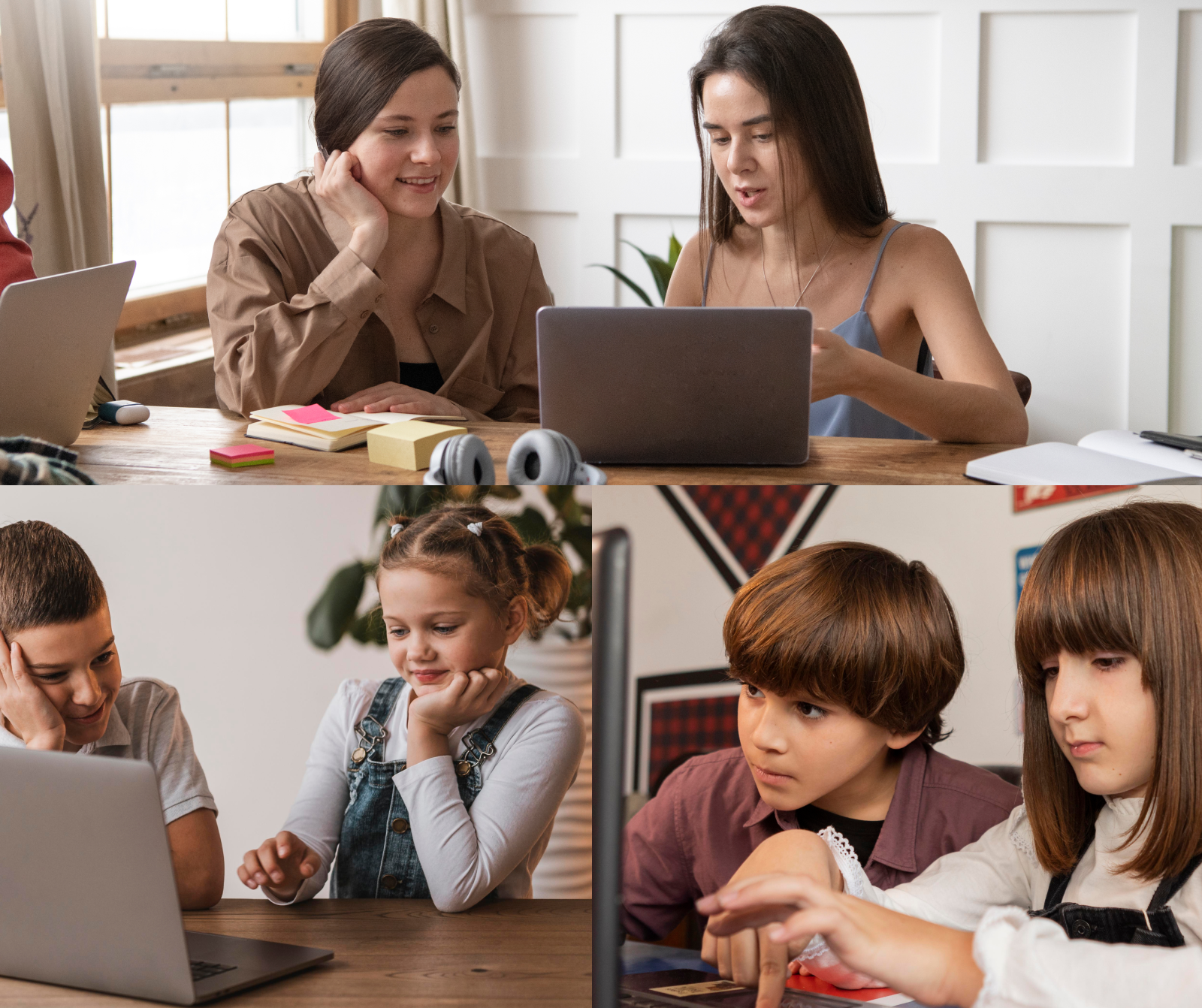 Children and adults using laptops for collaborative online learning, exploring coding and STEM activities with a diy robot kit in an educational setting
