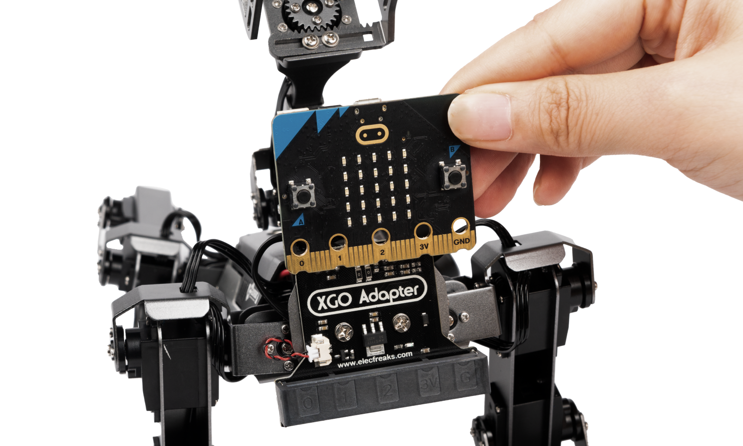 Inserting micro:bit board into the XGO robot adapter for programming and control
