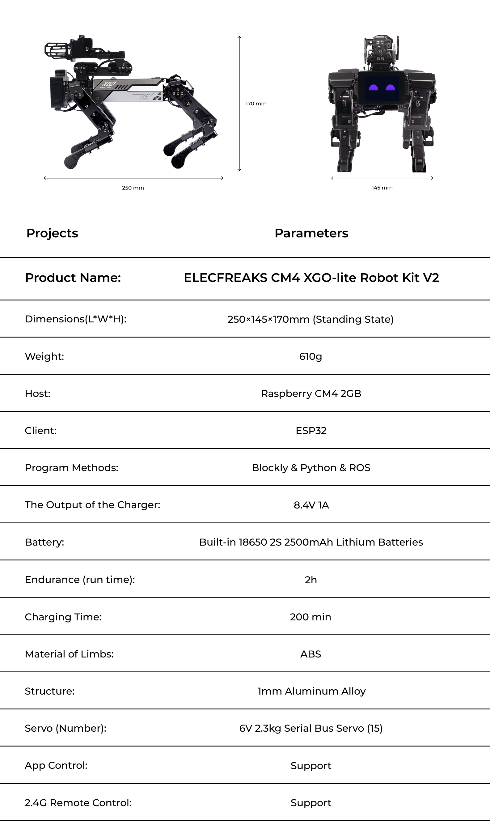 Robot dog kit CM4 Xgo-Lite V2 specifications showing dimensions 250×145×170mm, weight 610g, Raspberry CM4 and ESP32, supports Blockly, Python, ROS programming, built-in lithium battery with 2h endurance, ABS and aluminum structure, 15 servos, app and 2.4G remote control
