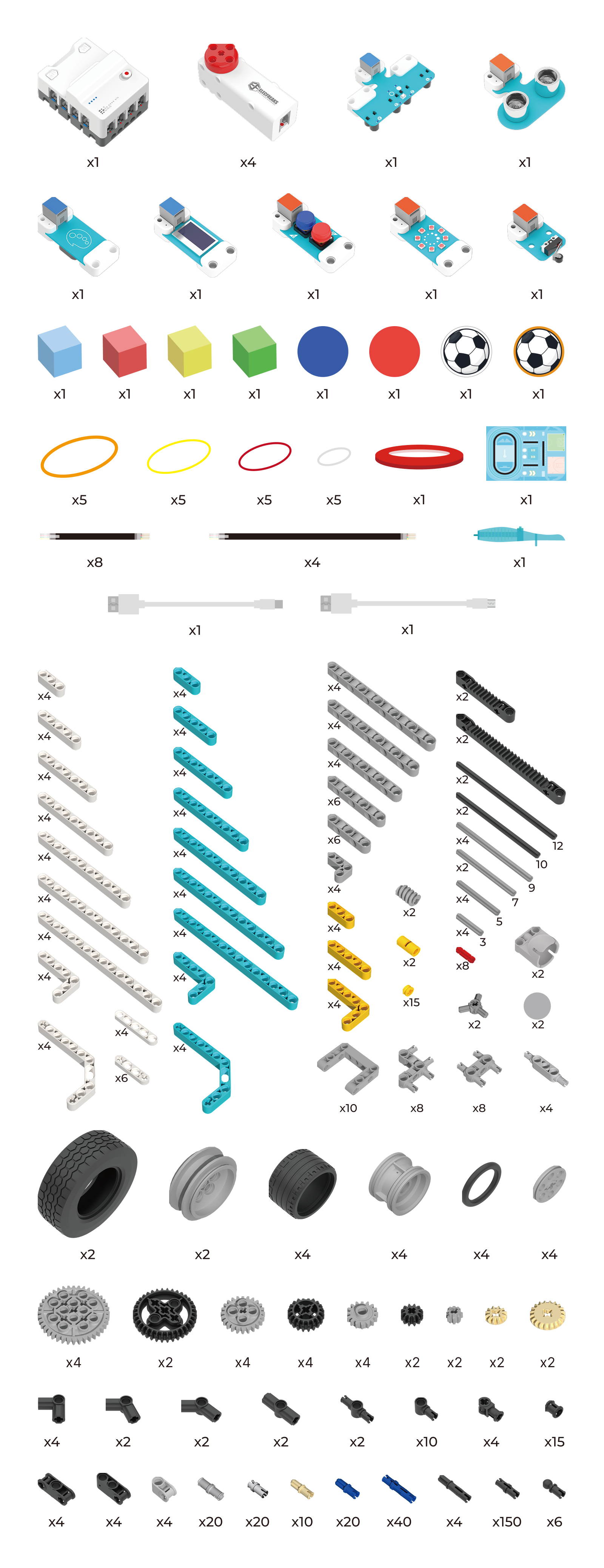 DIY robot kit parts list with components for building sports robots including motors, sensors, tires, building blocks, and accessories for creative robotics projects