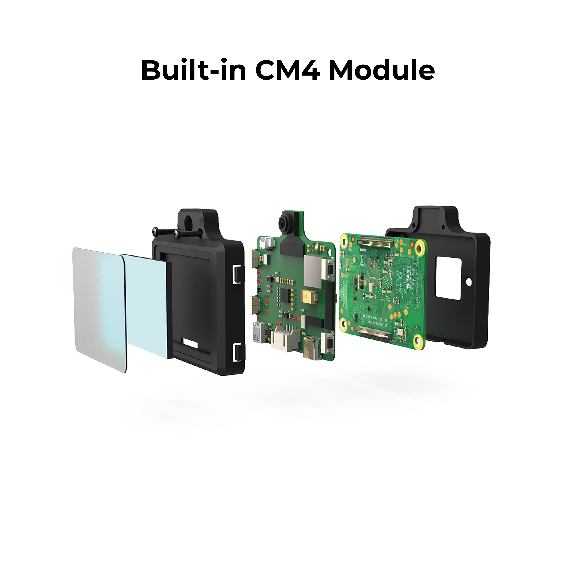 Exploded view of quadruped robot dog components showing camera module, PCB board, protective casing, and assembly parts for robotics learning