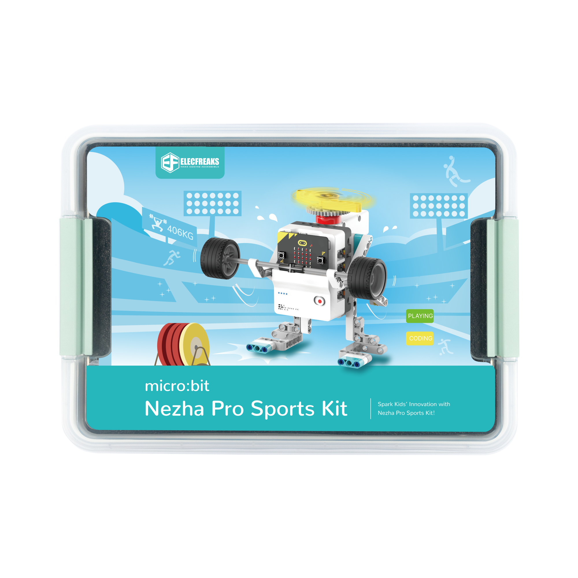 ELECFREAKS micro:bit Nezha Pro Sports Kit packaging, showcasing the sports robot kit with wheels and sensors, designed for creating interactive sports robots. The kit offers a fun DIY robot kit experience with programming options in MakeCode, Python, and JavaScript
