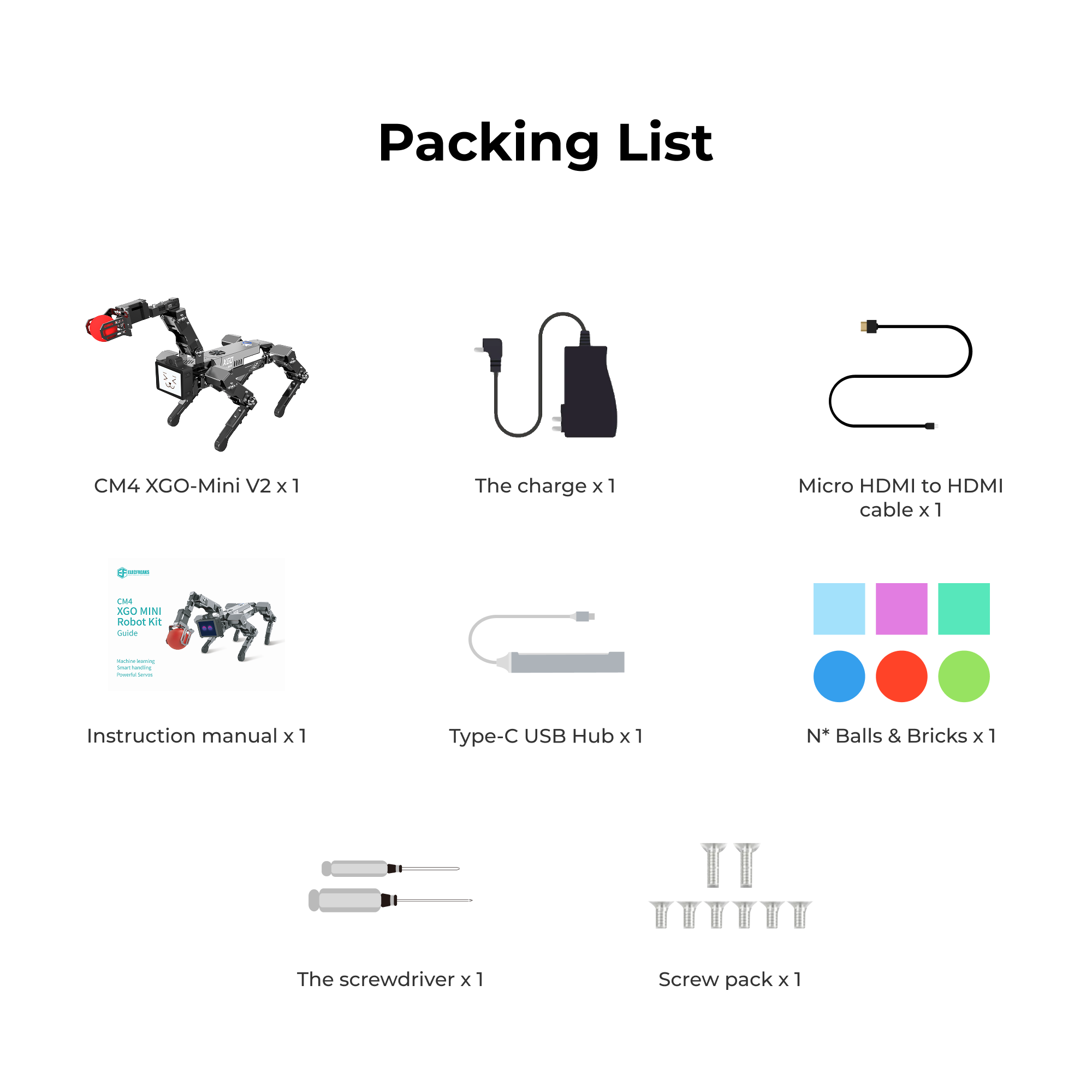 Packing list of quadruped robot dog XGO Mini V2 including charger, HDMI cable, instruction manual, USB hub, colored balls, screwdriver and screw pack for robotics education