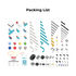 DIY robot kit parts list with components for building sports robots including motors, sensors, tires, building blocks, and accessories for creative robotics projects