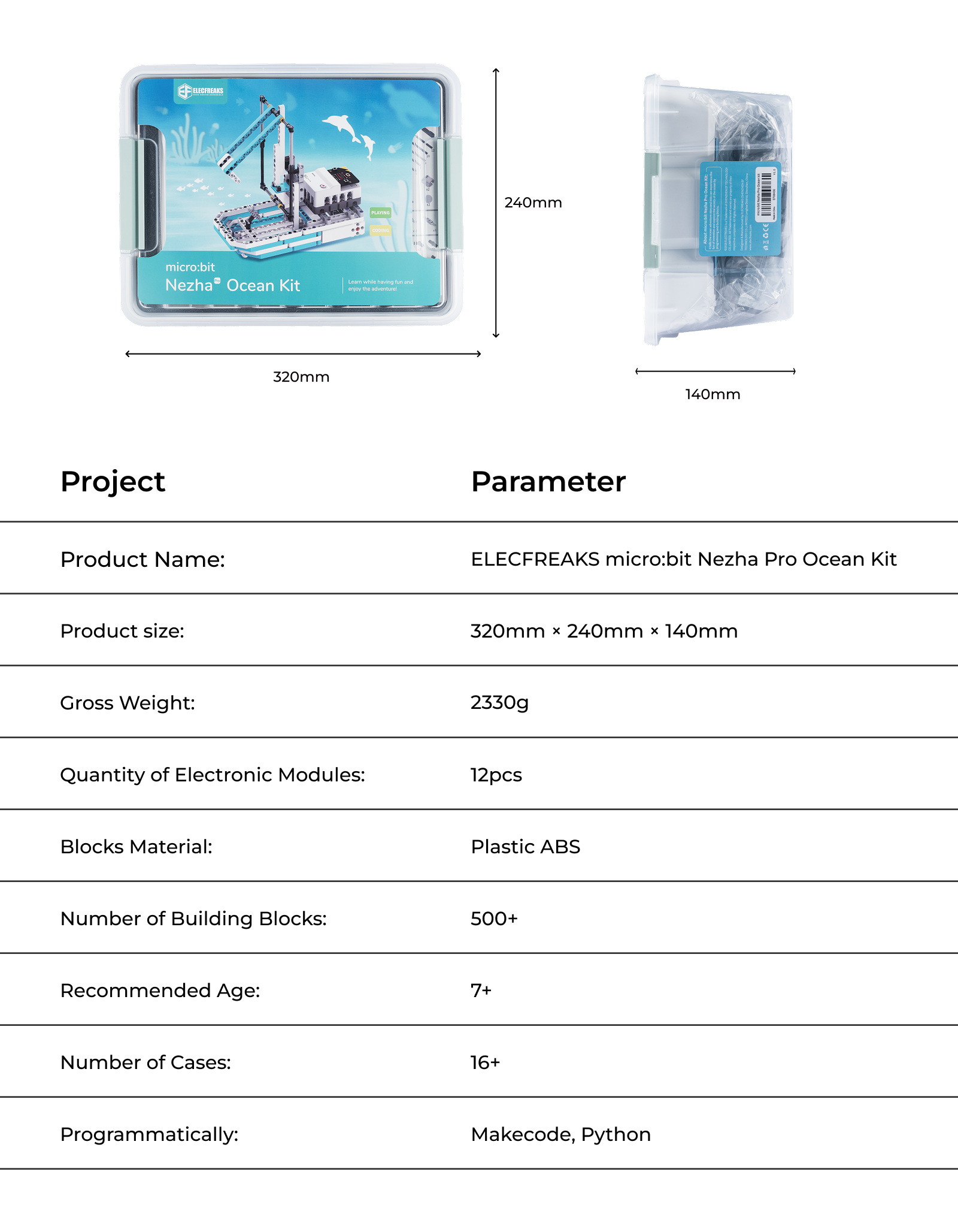 ELECFREAKS micro:bit Nezha Pro Ocean Kit specifications including size 320x240x140mm, weight 2330g, 13 electronic modules, 500+ blocks, 16+ cases, supports Makecode and Python programming