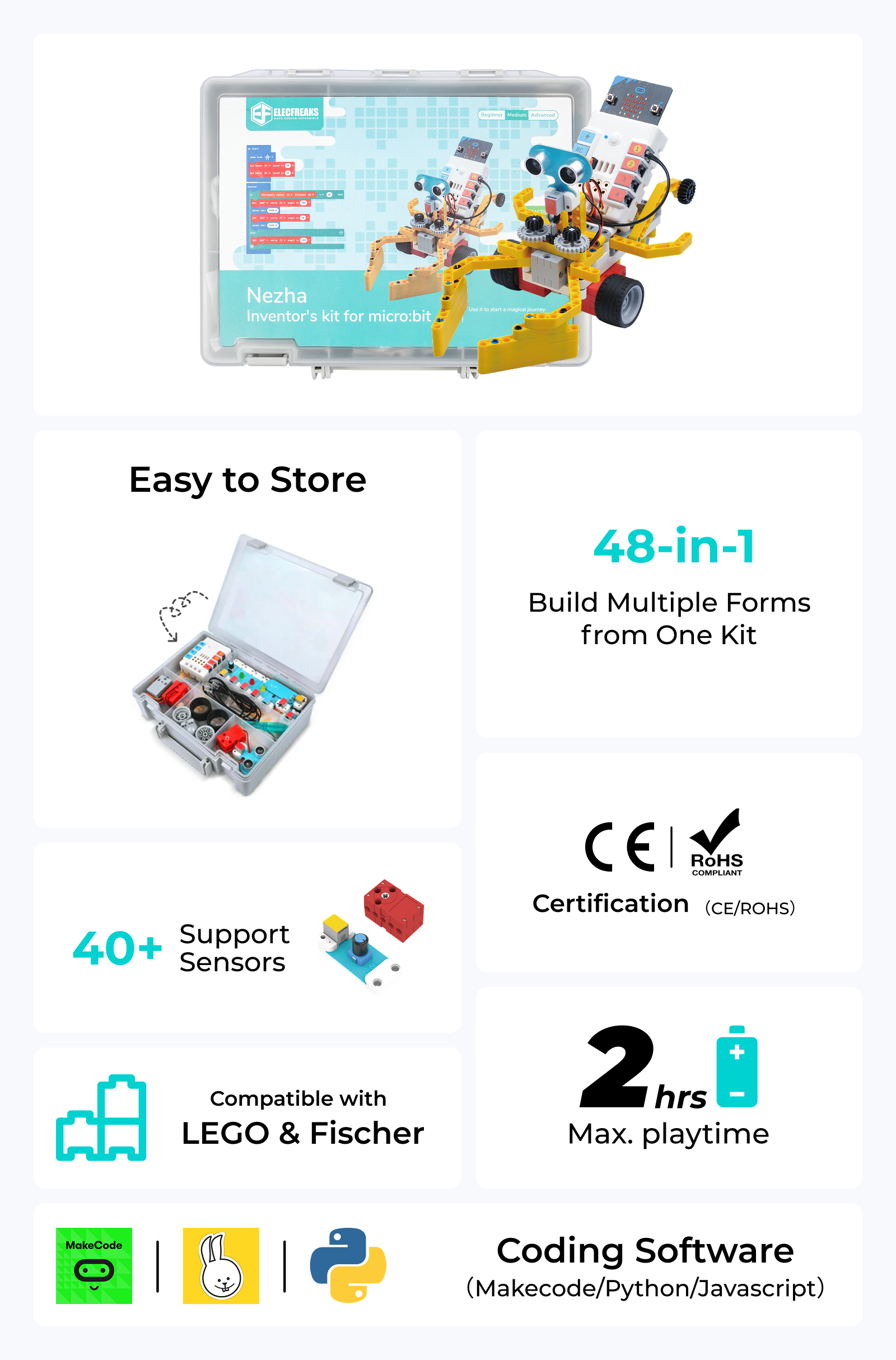 Nezha coding robotic kit compatible with LEGO, 48-in-1 builds, supports 40+ sensors with Python and JavaScript