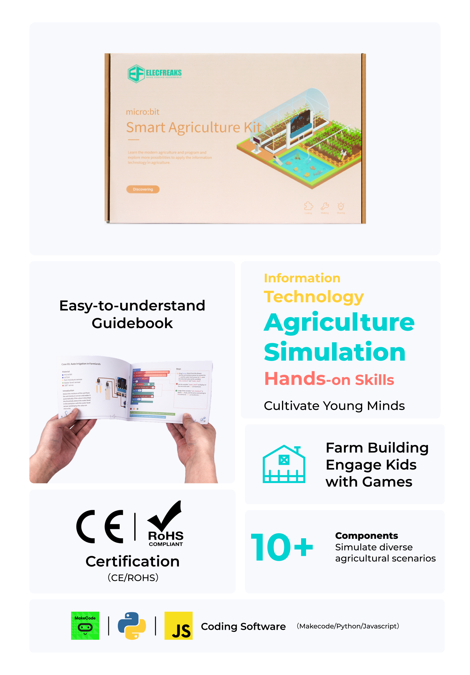 Smart Farm Kit featuring modern agricultural simulation, hands-on learning components, and easy-to-understand guidebook for kids to engage in farm building and agriculture technology, certified with CE and RoHS compliance