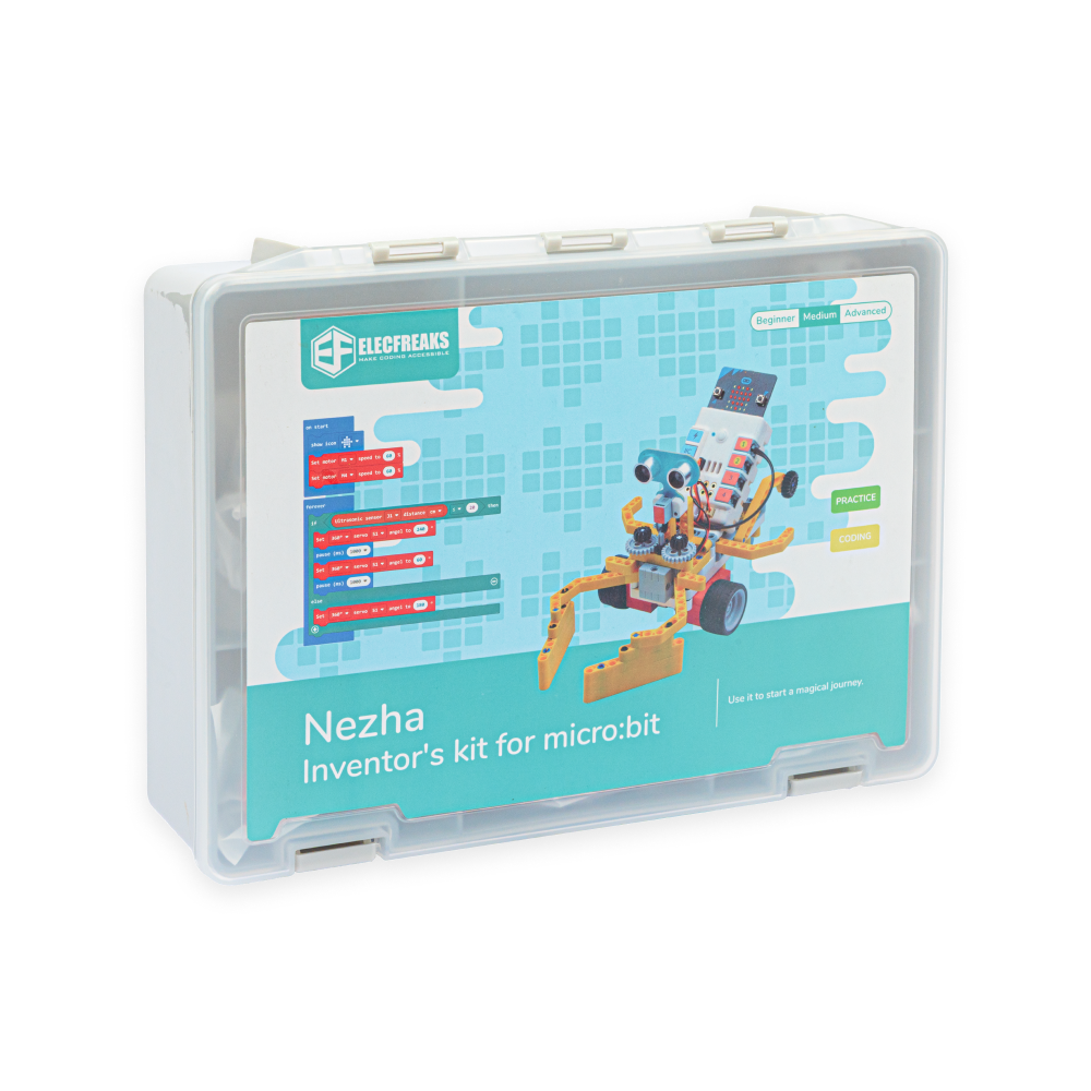Elecfreaks Nezha Inventor's Kit for micro:bit STEM robotics kit storage box side view with robot model and coding interface on the cover