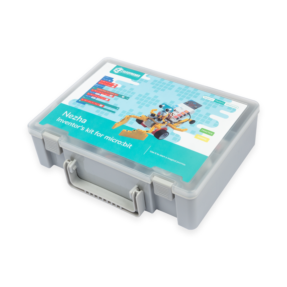 Elecfreaks Nezha Inventor's Kit for micro:bit STEM robotics kit storage box with handle, showing robot model and coding interface on the cover