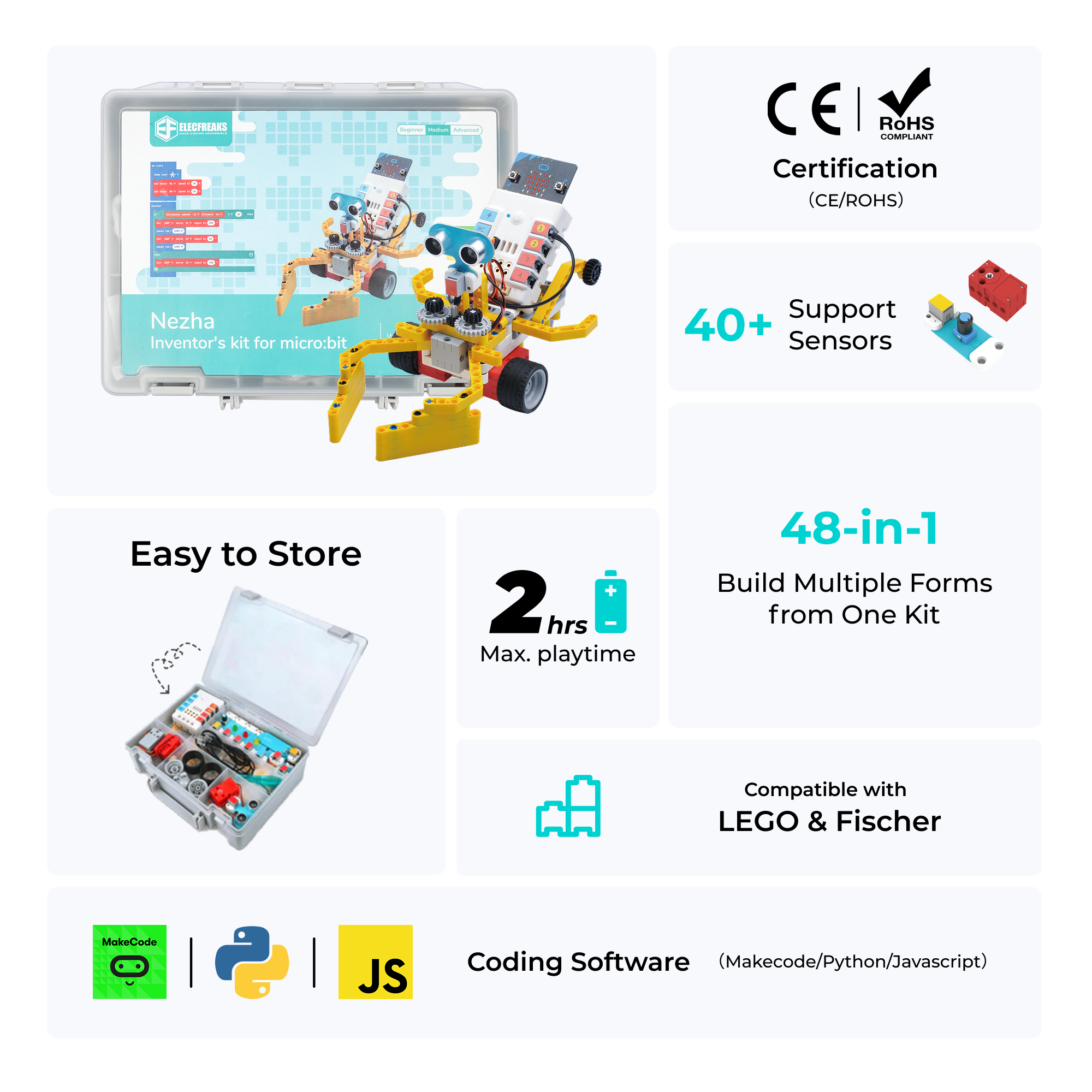Elecfreaks Nezha Inventor's Kit for micro:bit STEM robotics kit with CE and RoHS certification, 40 plus sensor support, 48-in-1 robot building projects, 2 hours playtime, storage box, LEGO and Fischer compatibility, and coding software in MakeCode, Python, and JavaScript