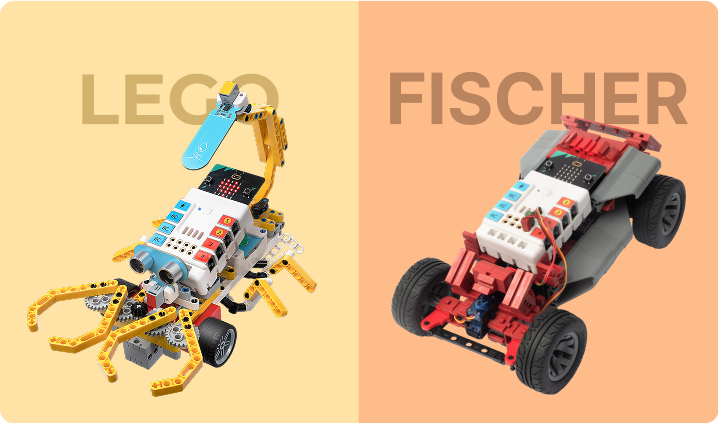 Nezha coding robotic kit models built with LEGO and Fischertechnik showing robotic claw and car