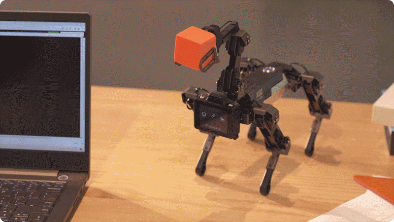 Robot dog kit using robotic arm to grasp an orange cube on a desk next to a laptop